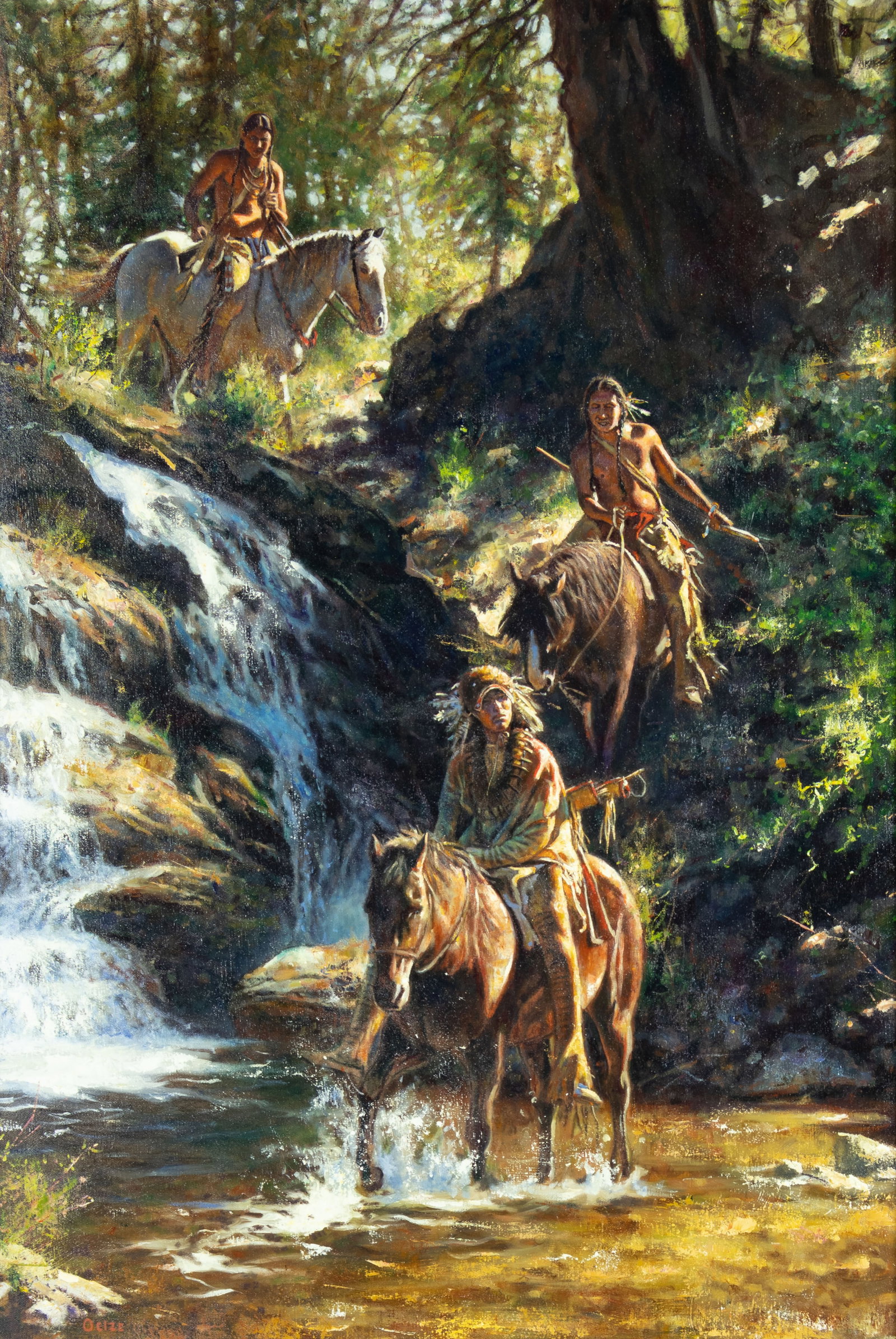 Don Oelze, Indians and Waterfall: Don Oelze b.1965 Indians and Waterfall oil on canvas signed lower left: Oelze 38 x 26 in., Frame: 43 1/2 x 31 3/8 x 3 1/4 in. Provenance: Private Collection, Dallas, TX Lone Star Art Auction, October
