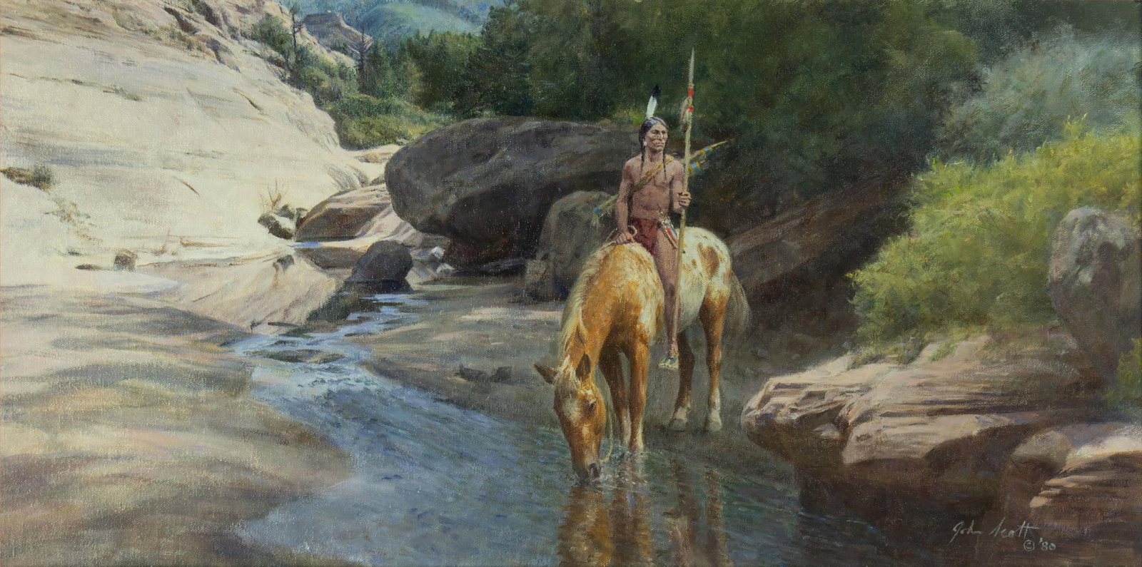 John Walter Scott, Piegan Scout, 1980: John Walter Scott 1907-1987 Piegan Scout, 1980 oil on canvas signed and dated lower right: John Scott © '80 14 1/2 x 29 1/2 in., Frame: 24 x 39 x 1 1/2 in. Provenance: Jim Fowler's Period