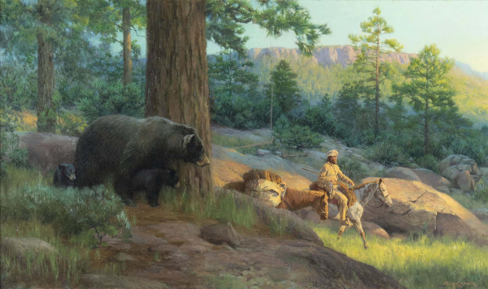 Ken Laager, A Protective Mother, 2011: Ken Laager b.1953 A Protective Mother, 2011 oil on canvas signed and dated lower right: KEN LAAGER © '11 26 x 44 in., Frame: 33 3/4 x 51 3/4 x 3 in. Provenance: From a Private Collection