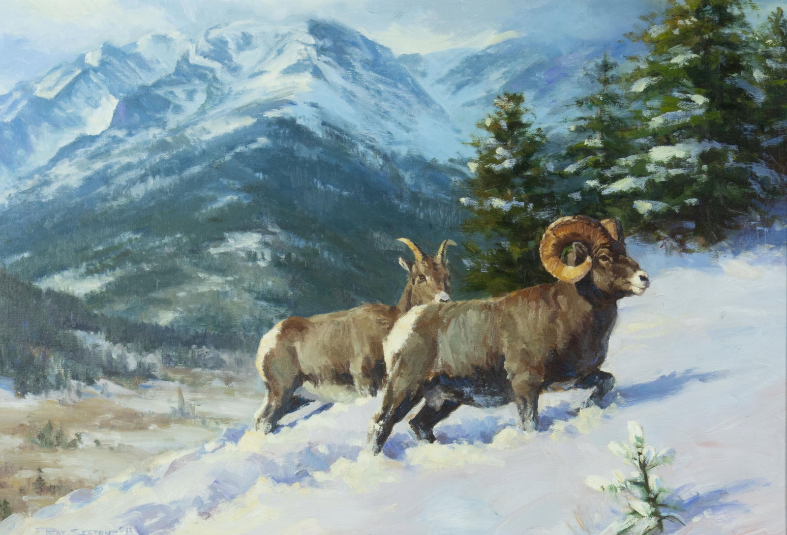 Ray Sexton, Deep Snow Rams, 1992: Ray Sexton 1959-1996 Deep Snow Rams, 1992 oil on canvas signed and dated lower left: RAY SEXTON © 92 20 x 30 in., Frame: 29 3/4 x 39 3/4 x 2 1/8 in. Provenance: The Artist The Gene Worrell