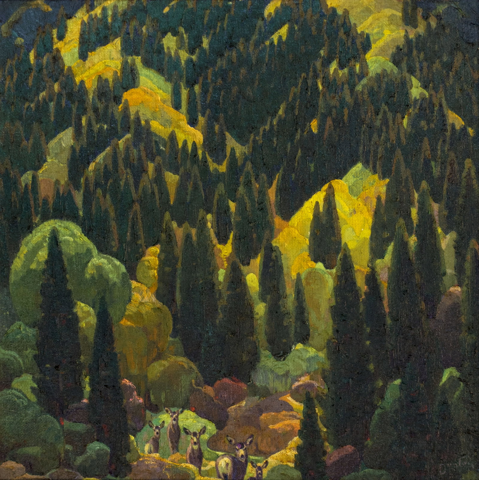 W. Herbert Dunton, October Aspens: W. Herbert Dunton 1878-1936 October Aspens oil on canvas signed lower right: Dunton verso: titled and signed 14 x 14 in., Frame: 21 1/4 x 21 1/4 x 2 1/2 in. Provenance: The Artist J. F. Burshears, La