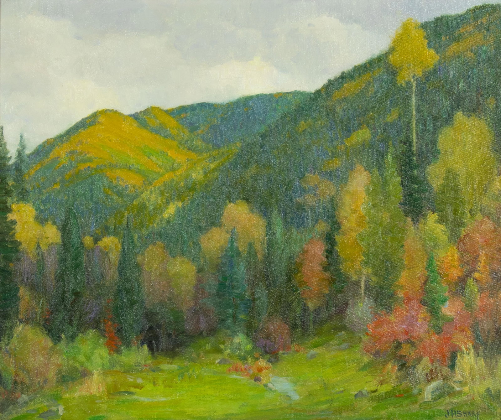 Joseph Henry Sharp, Aspens on a Gray Day, South Fork - Hondo Canyon: Joseph Henry Sharp 1859-1953 Aspens on a Gray Day, South Fork - Hondo Canyon oil on canvas signed lower right: JHSHARP verso: titled 20 1/4 x 24 1/8 in., Frame: 27 3/4 x 31 7/8 x 2 3/8 in.