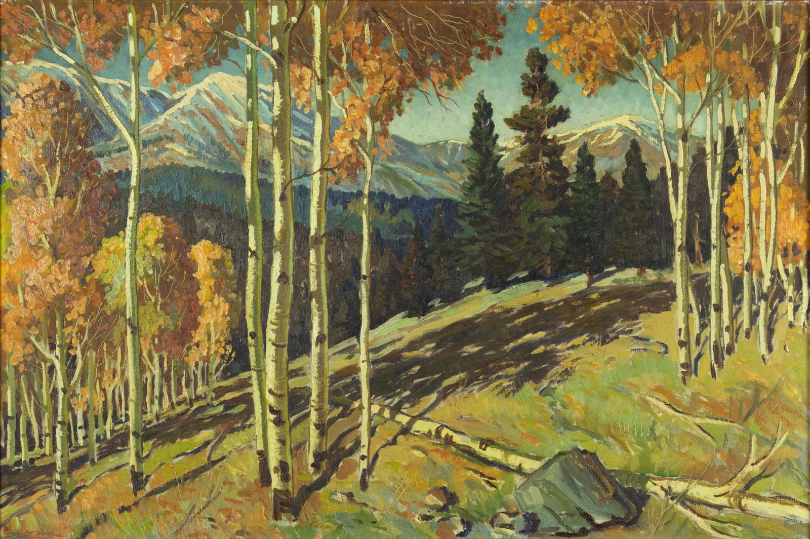 Ben Turner, Aspens in Autumn: Ben Turner 1912-1966 Aspens in Autumn oil on canvas signed lower left: BEN TURNER 20 x 30 in., Frame: 26 1/4 x 36 1/8 x 1 7/8 in. Provenance: Private Collection, Tucson, AZ