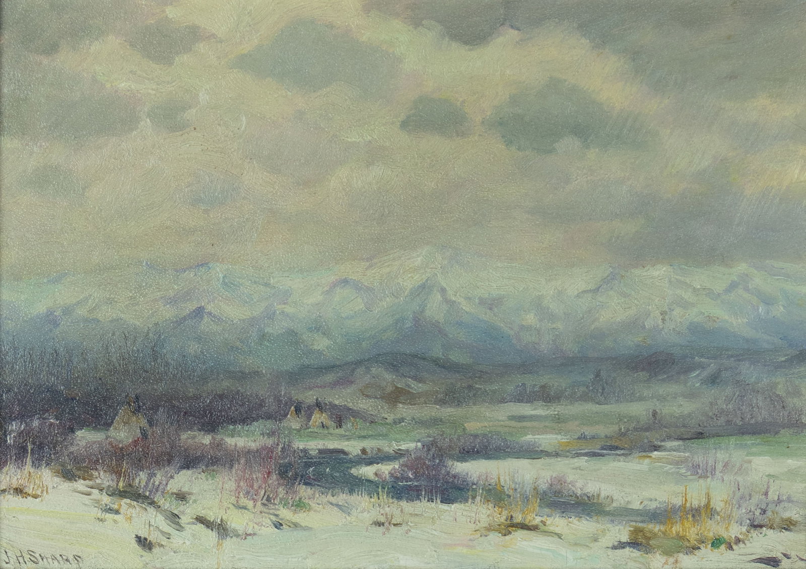 Joseph Henry Sharp, Shoshone Reservation Wind River, Wyoming: Joseph Henry Sharp 1859-1953 Shoshone Reservation Wind River, Wyoming oil on canvas laid on board signed lower left: J.H. SHARP 7 x 9 3/4 in., Frame: 12 7/8 x 15 3/4 x 1 3/4 in. Provenance: Suder's