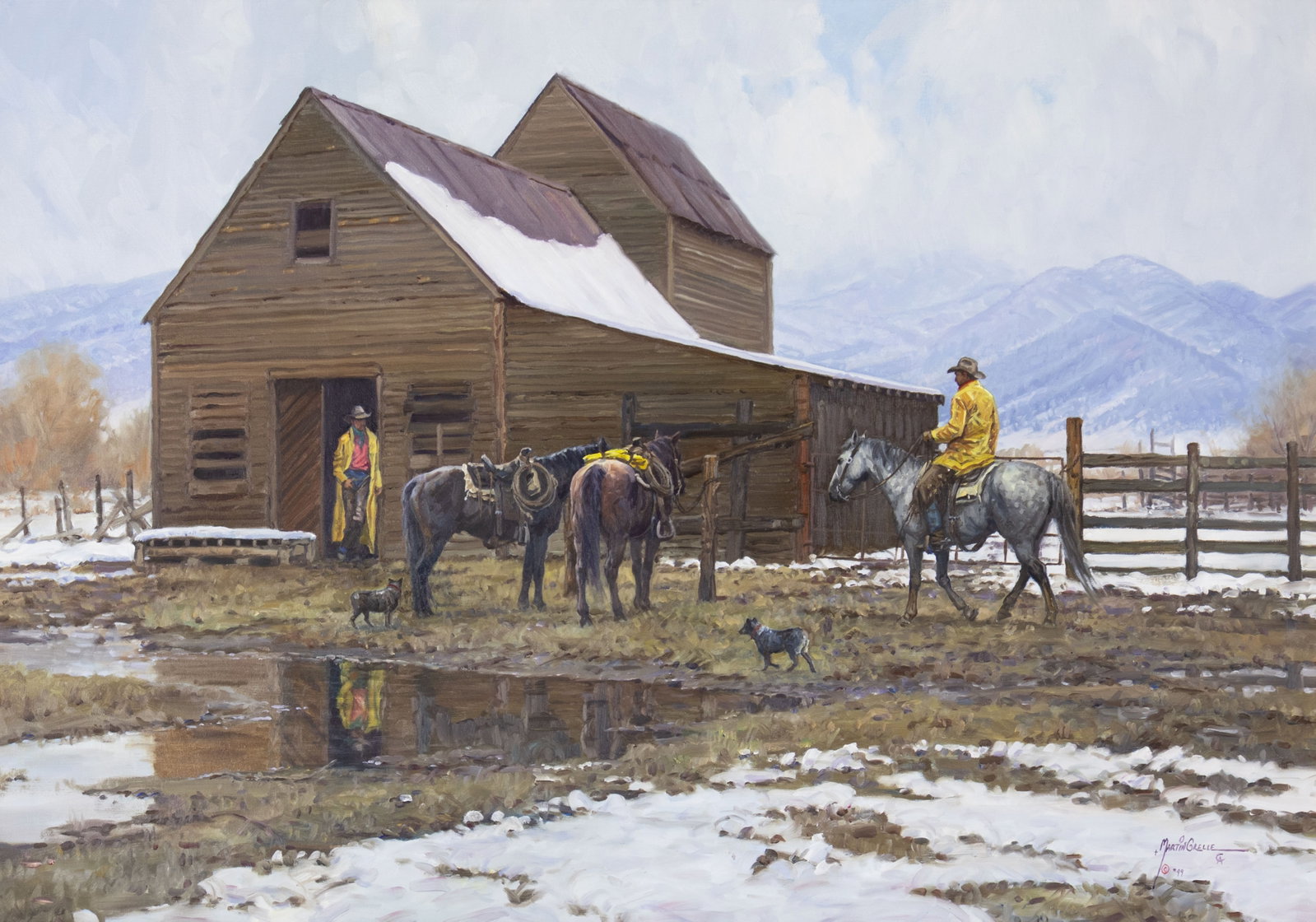 Martin Grelle, When Winter Melts, 1999: Martin Grelle b.1954 When Winter Melts, 1999 oil on canvas signed and dated lower right: (artist cipher) Martin Grelle (Cowboy Artists of America cipher) © *99 28 x 40 in., Frame: 38 x 50 x 3 3/4