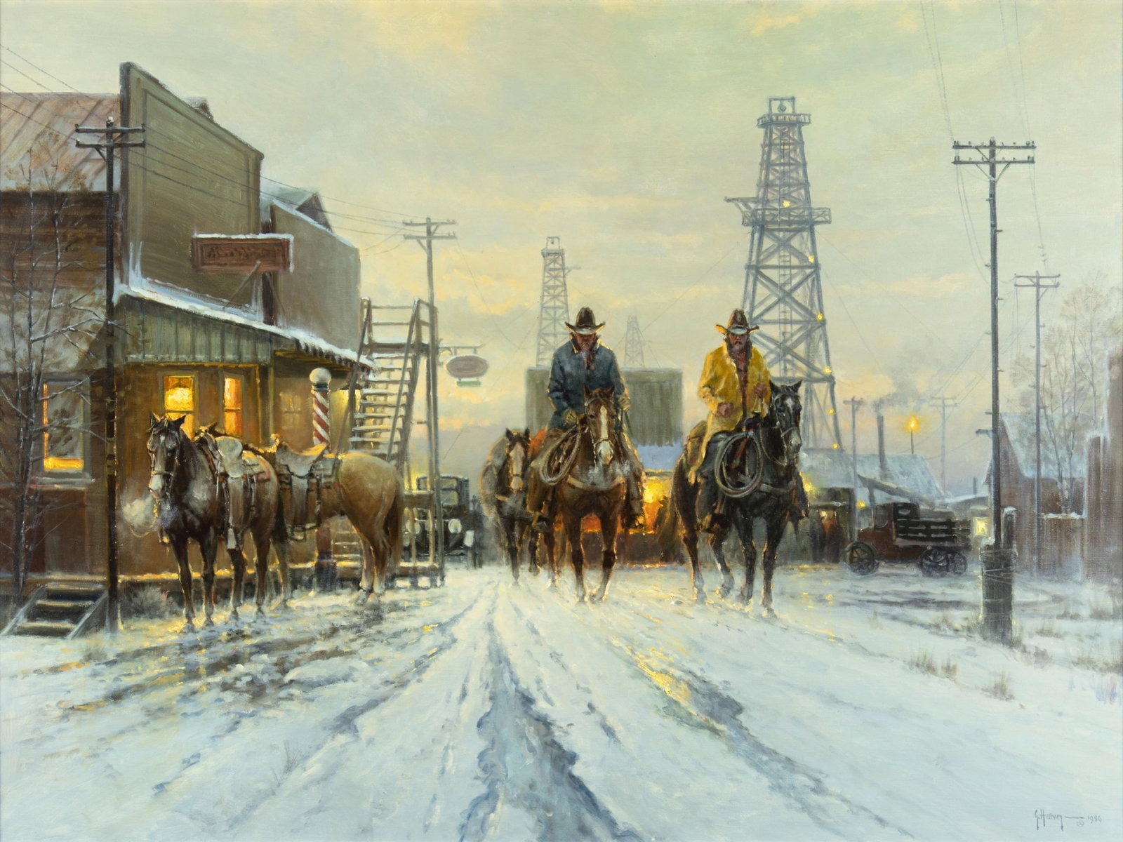 G. Harvey, Rawhide and Roughnecks, 1986: G. Harvey 1933-2017 Rawhide and Roughnecks, 1986 oil on canvas signed and dated lower right: G. Harvey © 1986 verso: titled, signed and dated 35 1/2 x 47 1/2 in., Frame: 39 3/8 x 51 1/2 x 2 1/8
