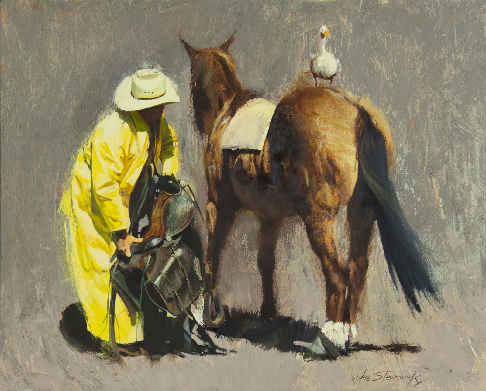Oleg Stavrowsky, Get Off There You Dip!: Oleg Stavrowsky 1927-2020 Get Off There You Dip! oil on canvas signed lower right: Oleg Stavrowsky verso: titled and signed 24 x 30 in., Frame: 34 1/4 x 40 1/4 x 2 in. Provenance: From a Private