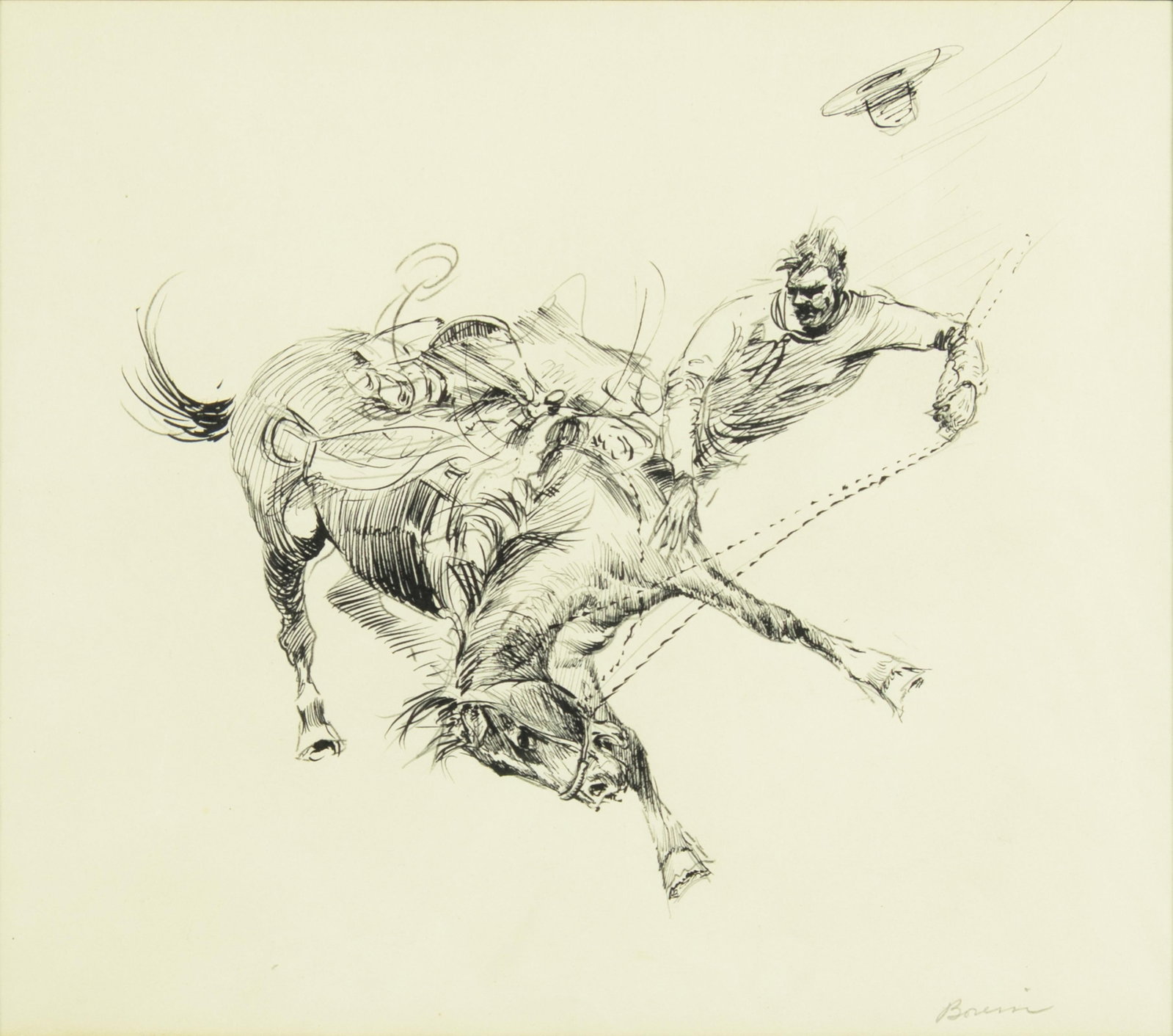 Edward Borein, Bucking Horse / Bronco: Edward Borein 1872-1945 Bucking Horse / Bronco graphite and ink on paper signed lower right: Borein 9 1/4 x 10 1/2 in., Frame: 18 3/4 x 19 1/2 x 1 1/4 in. Provenance: Arlington Gallery, Santa