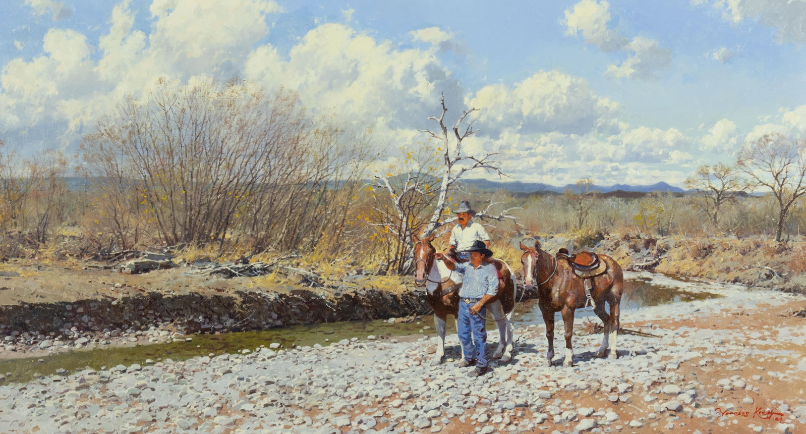 Francois Koch, Reporting to the Boss, 1987: Francois Koch b.1944 Reporting to the Boss, 1987 oil on canvas signed and dated lower right: Francois Koch 87 20 x 36 in., Frame: 29 3/8 x 45 3/8 x 2 1/4 in. Provenance: From a Private Collection