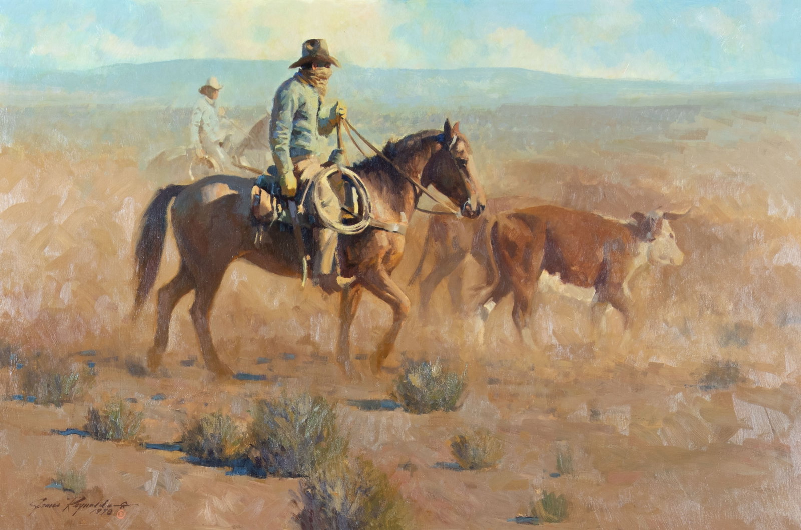 James Reynolds, Eatin' Dust, 1978: James Reynolds 1896-1996 Eatin' Dust, 1978 oil on board signed and dated lower left: James Reynolds (Cowboy Artists of America cipher) 1978 © 24 x 36 in., Frame: 35 x 47 1/8 x 2 1/2 in.