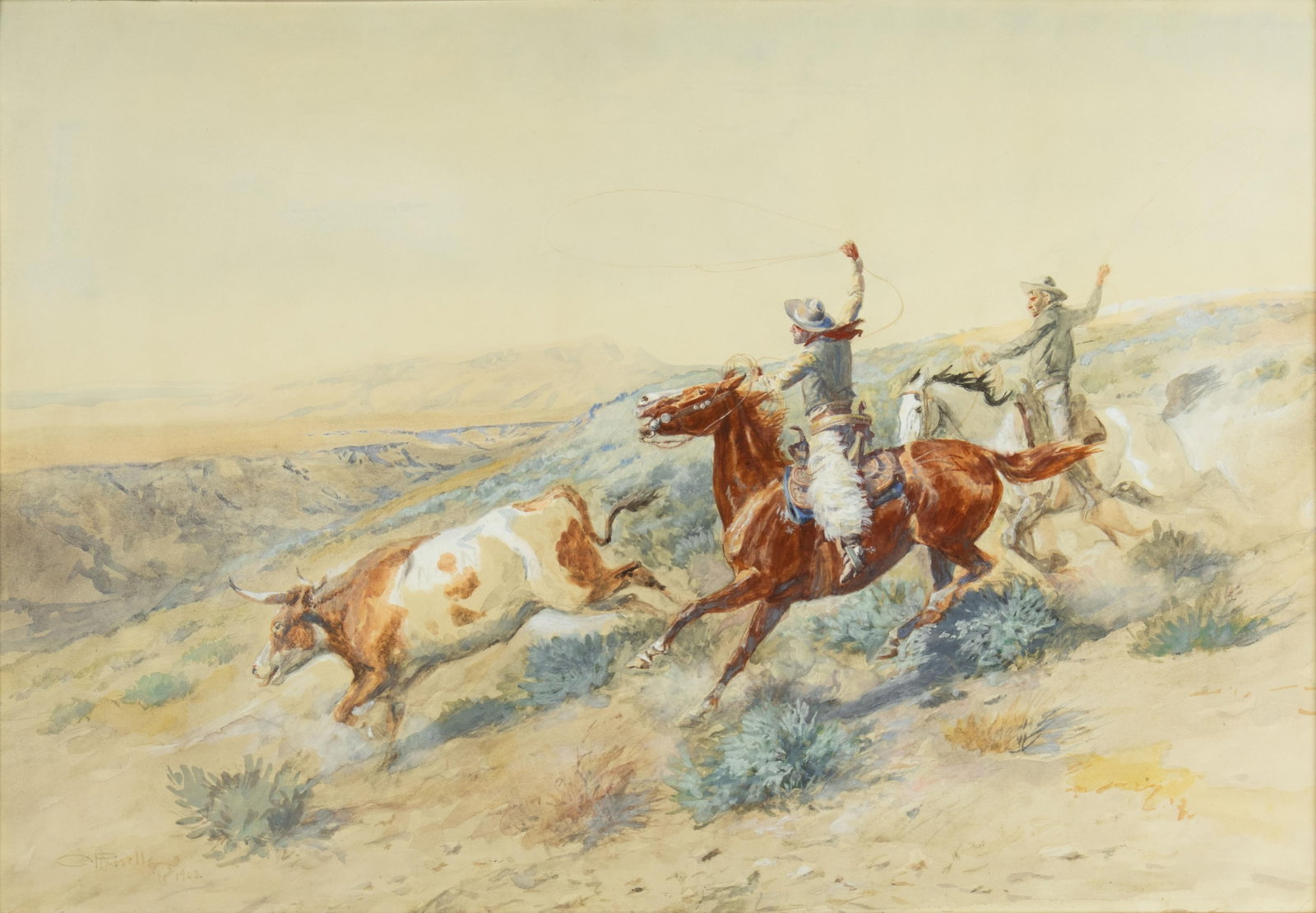 Charles M. Russell, Buccaroos from the N–N Outfit on the Big Dry in Montana, 1902: Charles M. Russell 1864-1926 Buccaroos from the N–N Outfit on the Big Dry in Montana, 1902 watercolor on paper signed and dated lower right: CM Russell (artist cipher) 1902 19 3/4 x 28 5/8 in.,
