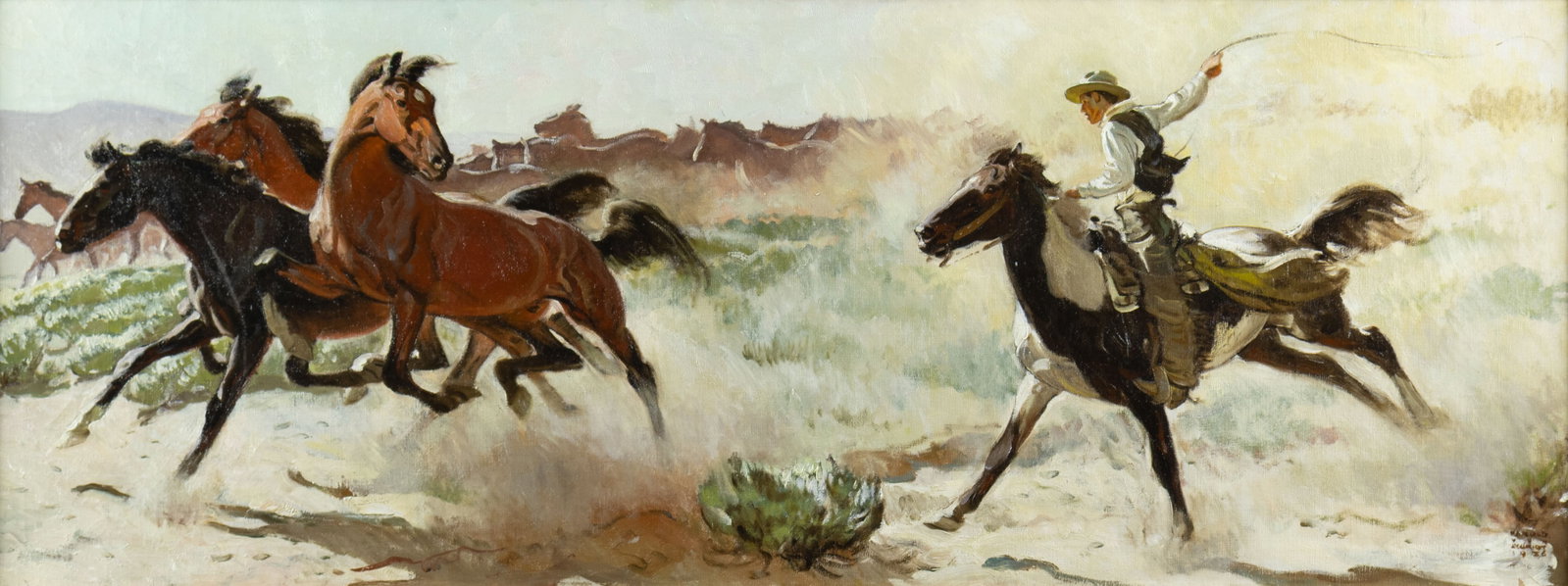 Harold Von Schmidt, Roundup, 1936: Harold Von Schmidt 1893-1982 Roundup, 1936 oil on canvas signed and dated lower right: HAROLD VON SCHMIDT 1936 22 x 58 in., Frame: 29 x 65 x 2 1/2 in. Provenance: Private Collection, NY Ger