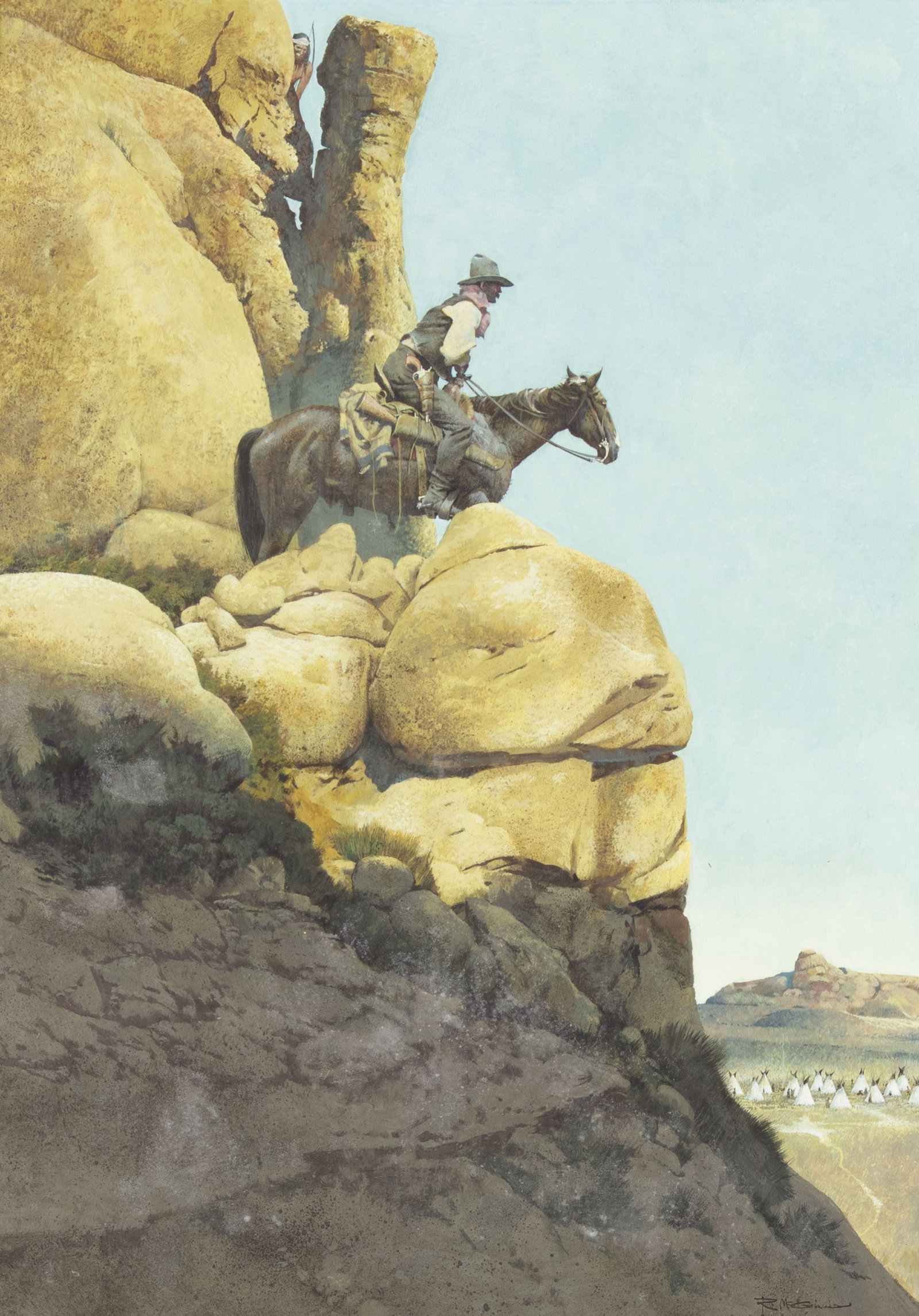 Robert McGinnis, The Scout: Robert McGinnis 1926-2025 The Scout egg tempera on masonite signed lower right: R McGinnis 22 1/2 x 16 in., Frame: 32 x 26 x 2 1/2 in. Provenance: Husberg Fine Art, Scottsdale, AZ (label verso)