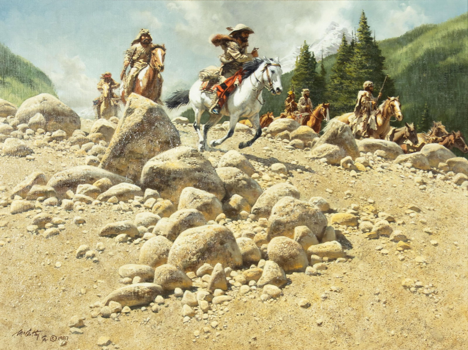 Frank C. McCarthy, Buckskin Brigade, 1987: Frank C. McCarthy 1924-2002 Buckskin Brigade, 1987 oil on canvas signed and dated lower left: McCarthy (Cowboy Artists of America cipher) © 1987 verso: titled, dated and signed 18 x 24 in., Frame