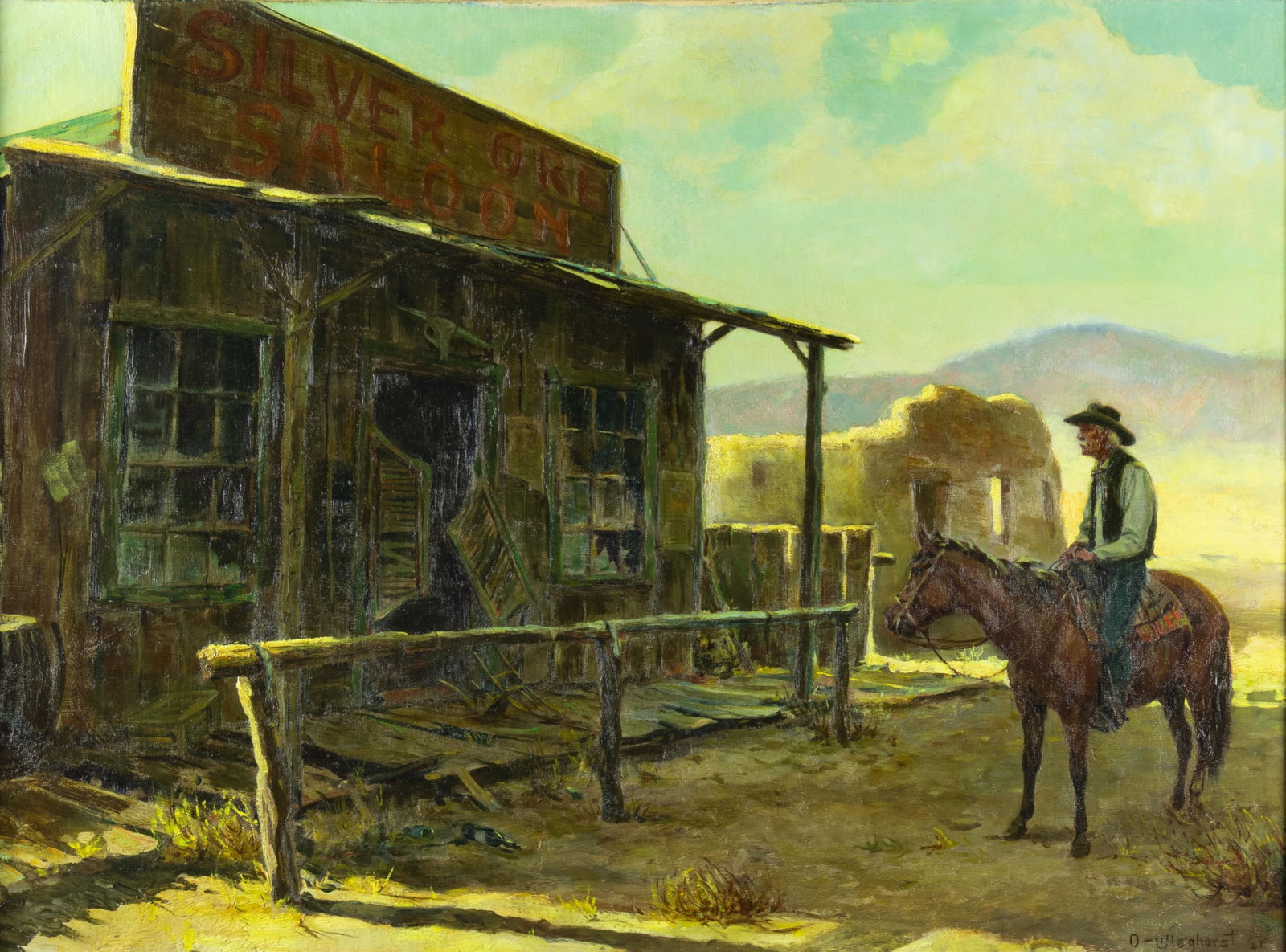 Olaf Wieghorst, Past Glory: Olaf Wieghorst 1899-1988 Past Glory oil on canvas signed lower right: O - Wieghorst (artist cipher) verso: titled and signed 27 3/4 x 38 in., Frame: 36 x 46 1/2 x 1 7/8 in. Provenance: Mark Sublette