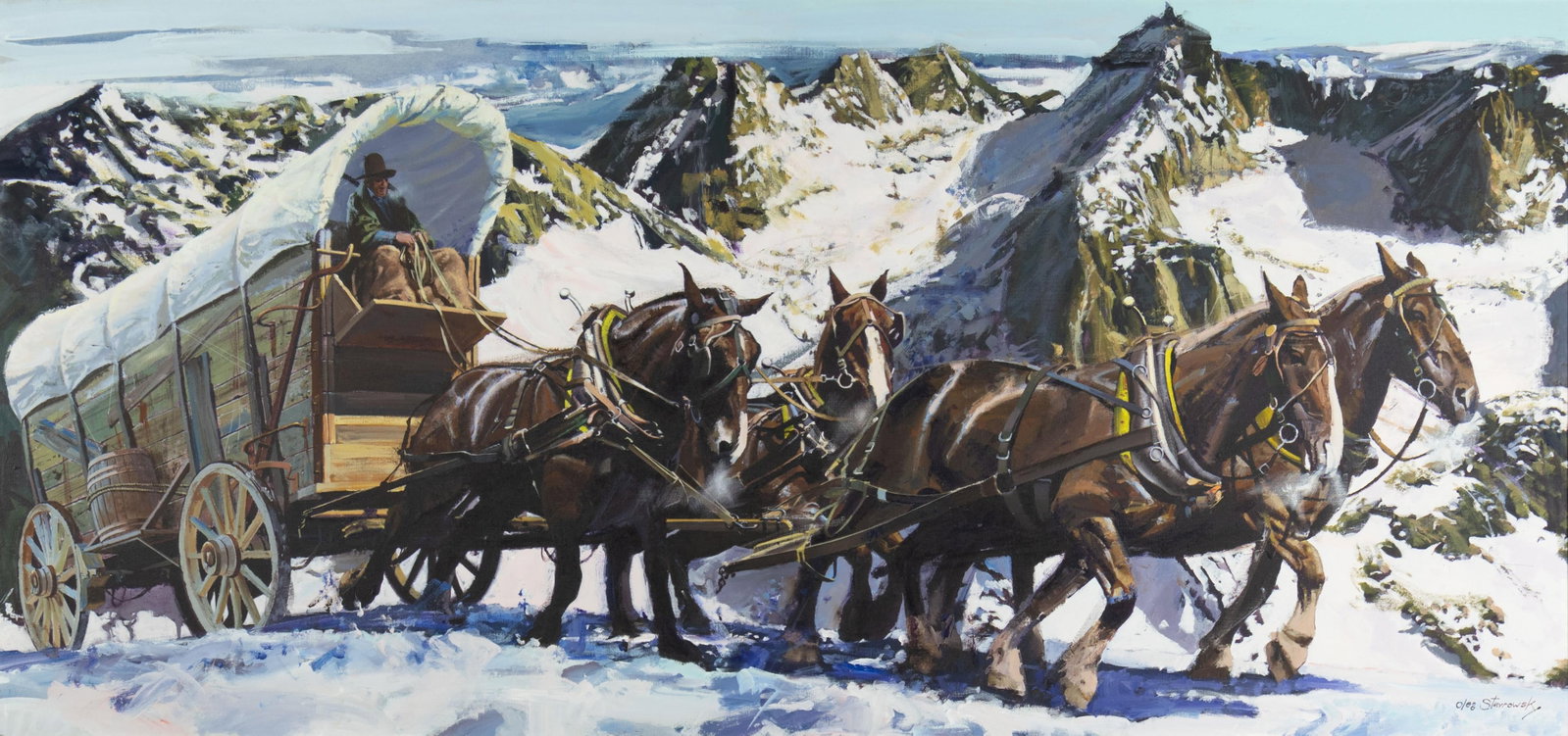 Oleg Stavrowsky, Mountain Power: Oleg Stavrowsky 1927-2020 Mountain Power oil on canvas signed lower right: Oleg Stavrowsky verso: titled and signed 30 x 64 in., Frame: 39 1/2 x 73 1/4 x 4 1/2 in. Provenance: From a Private