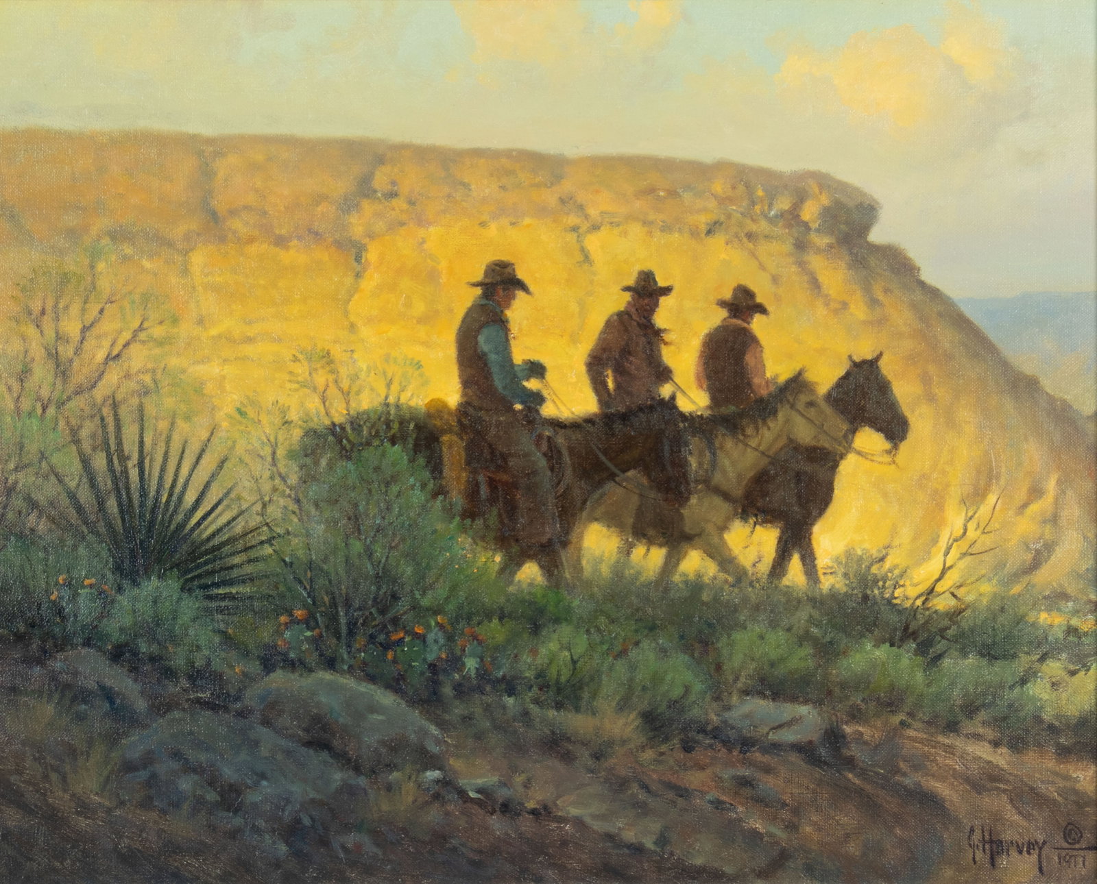 G. Harvey, West of Pecos, 1977: G. Harvey 1933-2017 West of Pecos, 1977 oil on linen signed and dated lower right: G. Harvey © 1977 16 x 20 in., Frame: 21 1/2 x 25 1/8 x 2 1/4 in. Provenance: Trailside Americana Galleries,