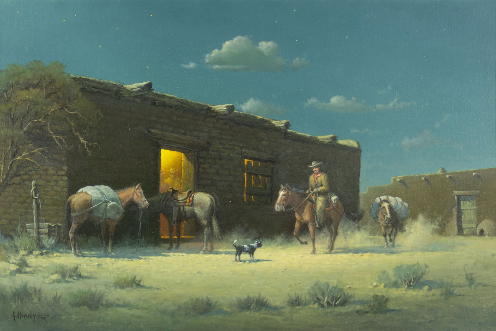 G. Harvey, Coming in to Trade, 1967: G. Harvey 1933-2017 Coming in to Trade, 1967 oil on canvas signed and dated lower left: G. Harvey - 1967 verso: titled and signed 23 3/4 x 36 in., Frame: 33 5/8 x 43 5/8 x 2 5/8 in. Provenance: