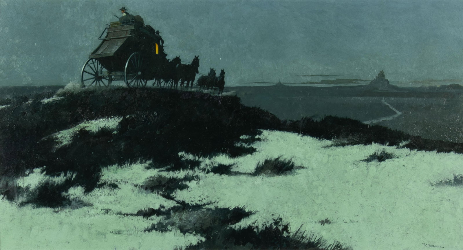 Robert McGinnis, The Midnight Stage, 1999: Robert McGinnis 1926-2025 The Midnight Stage, 1999 oil on board signed lower right: R. McGinnis verso: signed, titled and dated 17 x 32 1/2 in., Frame: 25 x 40 5/8 x 2 in. Provenance: Husberg Fine
