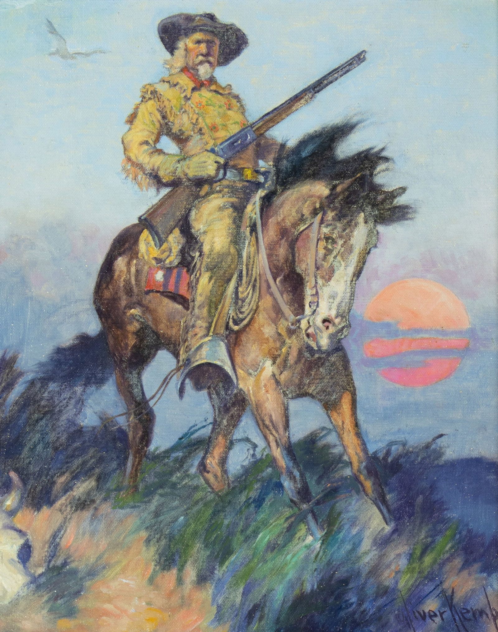 Oliver Kemp, The Scout, Buffalo Bill: Oliver Kemp 1887-1934 The Scout, Buffalo Bill oil on linen canvas laid on board signed lower right: Oliver Kemp verso: titled and inscribed "Reproduced and exhibited by American Art Works, Coshocton,