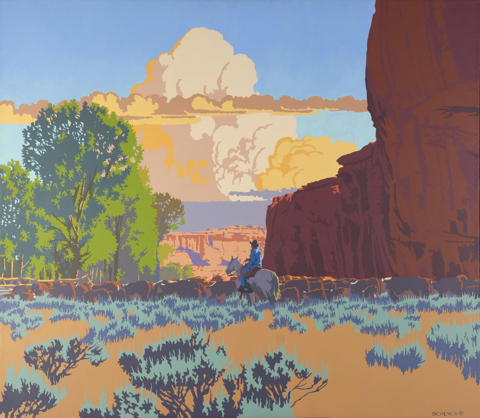 Bill Schenck, Drive to Coyote Creek, 1991: Bill Schenck b.1947 Drive to Coyote Creek, 1991 oil on canvas signed and dated lower right: SCHENCK 91 verso: signed, dated and titled 46 1/2 x 54 1/2 x 1 1/2 in. Provenance: Elaine Horwitch