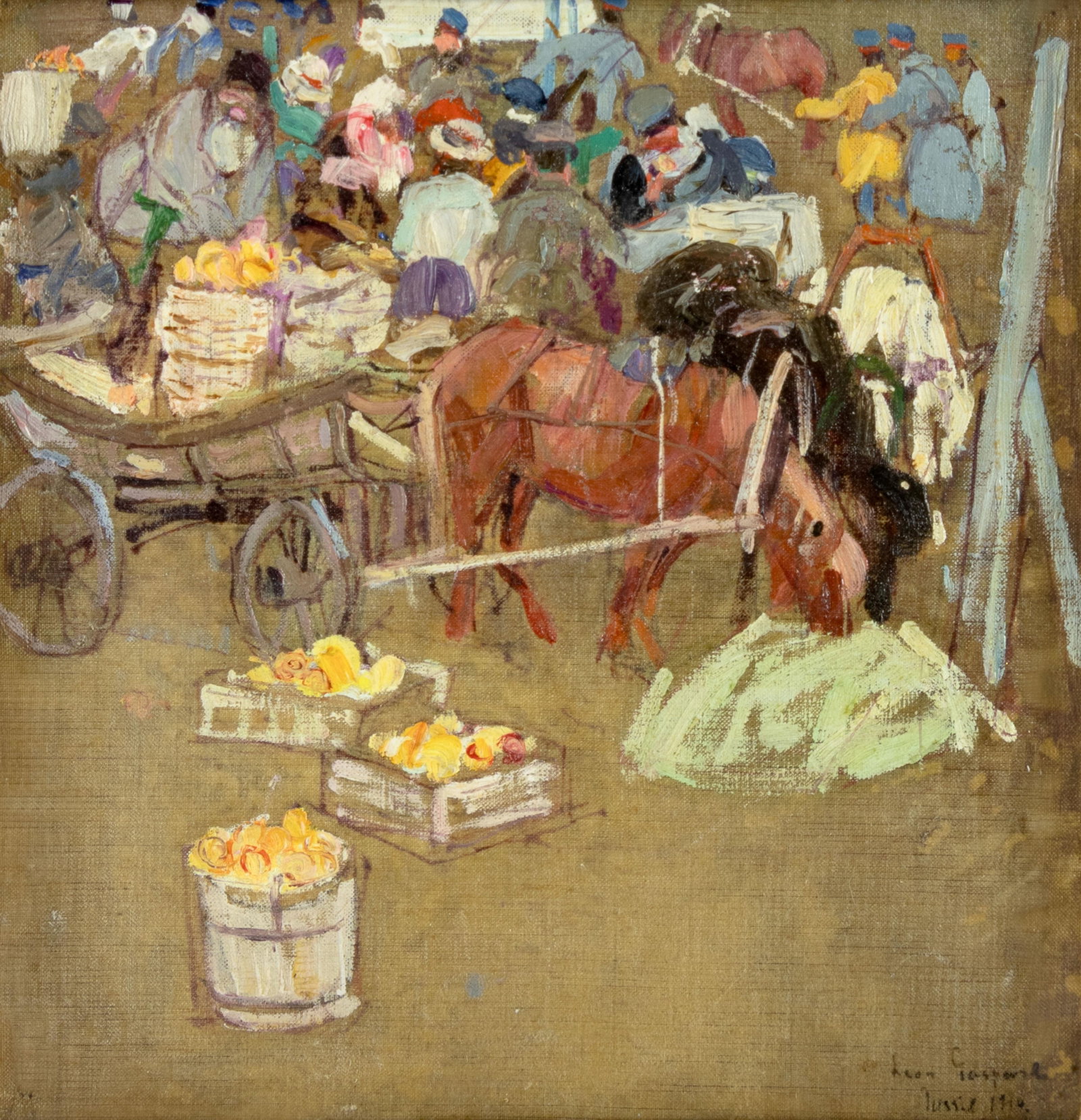 Leon Gaspard, Market Scene, 1914: Leon Gaspard 1882-1964 Market Scene, 1914 oil on canvas laid on board signed and dated lower right: Leon Gaspard 1914 7 1/4 x 7 in., Frame: 11 3/8 x 11 1/8 x 1 5/8 in. Provenance: Charlotte, Nor