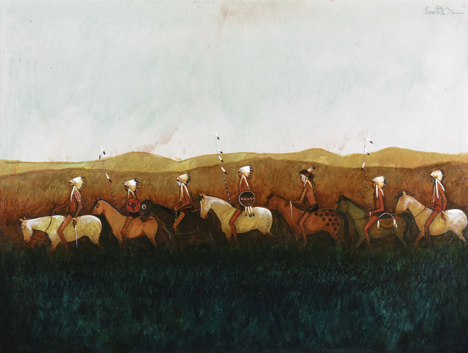 Kevin Red Star, The War Party: Kevin Red Star Crow, b.1943 The War Party oil on canvas signed upper right: Kevin Red Star verso: titled 36 x 48 in., Frame: 39 3/4 x 51 1/2 x 2 1/4 in. Provenance: From a Private Collection