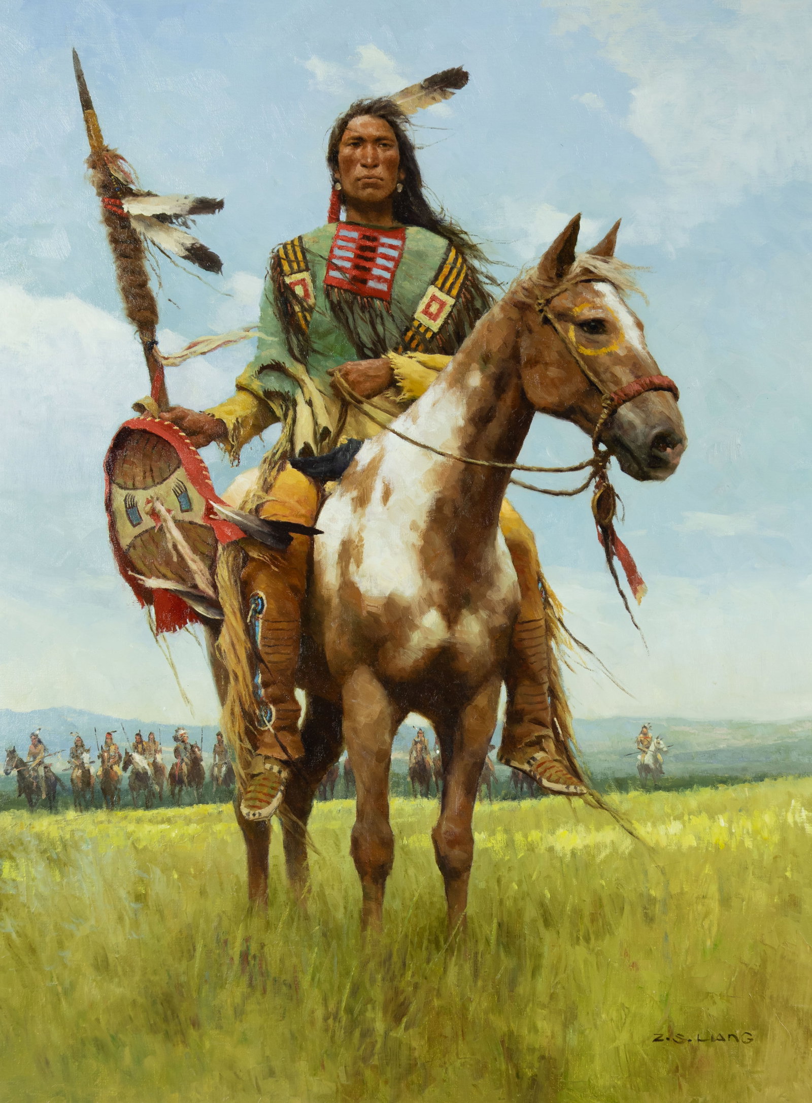 Z. S. Liang, Protectors of the Lakota, 2021: Z. S. Liang b.1953 Protectors of the Lakota, 2021 oil on canvas signed lower right: Z.S. LIANG verso: titled, signed and dated 40 x 30 in., Frame: 47 x 37 x 2 1/2 in. Provenance: Scottsdale Art