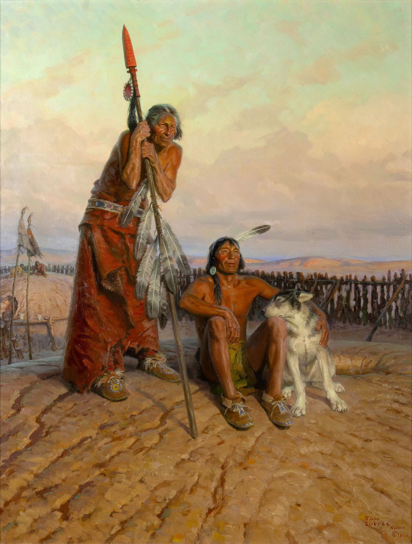 Tom Lovell, The Earth House People, 1986: Tom Lovell 1909-1997 The Earth House People, 1986 oil on canvas signed and dated lower right: Tom Lovell NAWA © 1986 verso: titled, signed and dated 34 x 26 in., Frame: 44 1/2 x 36 1/2 x 2 1/4