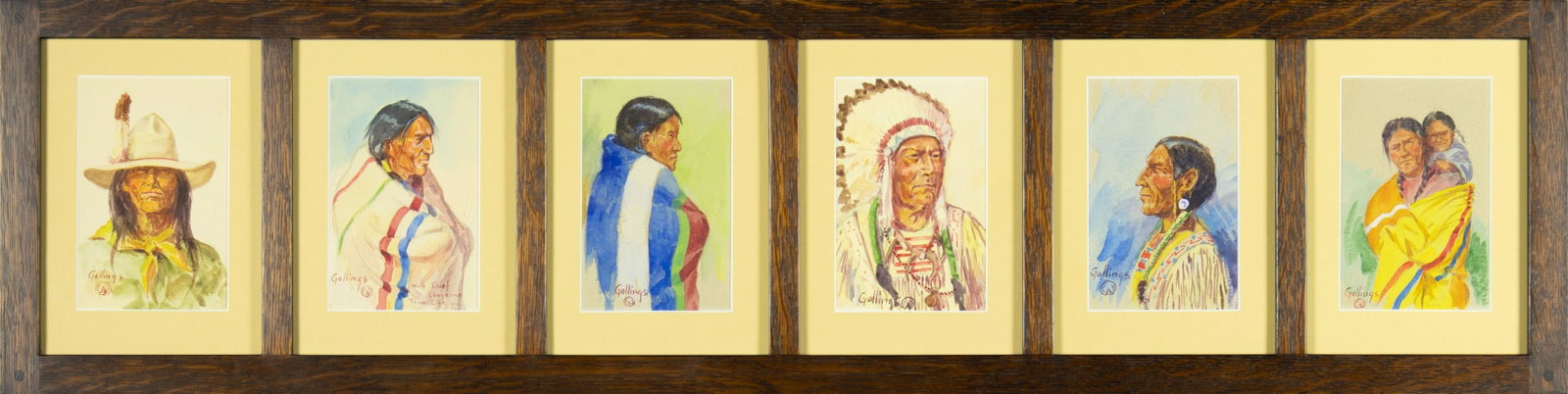 William Gollings, Set of Six Portraits: William Gollings 1878-1932 Set of Six Portraits watercolor and pencil on paper signed lower left (each): Gollings (artist cipher) 5 1/2 x 3 1/2 in. (each), Frame: 9 5/8 x 38 x 3/4 in. Provenance:
