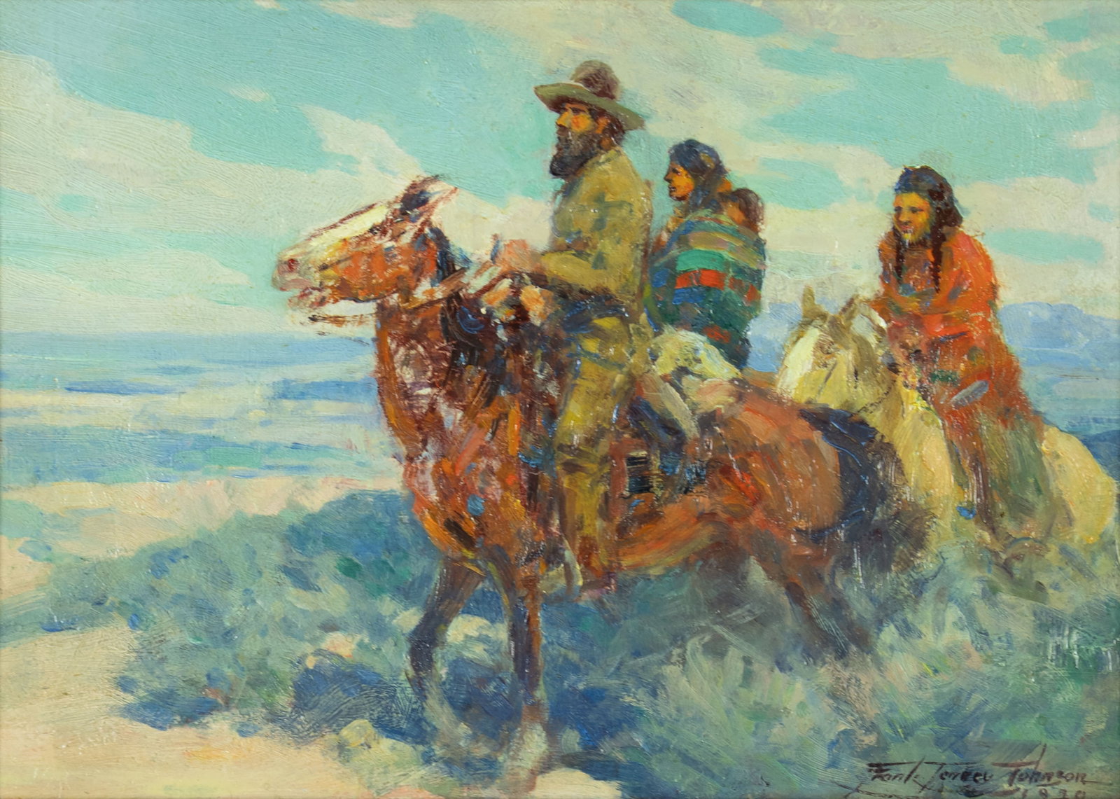 Frank Tenney Johnson, Squaw Man, 1920: Frank Tenney Johnson 1874-1939 Squaw Man, 1920 oil on board signed and dated lower right: Frank Tenney Johnson 1920 7 1/2 x 10 1/2 in., Frame: 13 1/4 x 16 3/8 x 1 5/8 in. Provenance: The Hardy