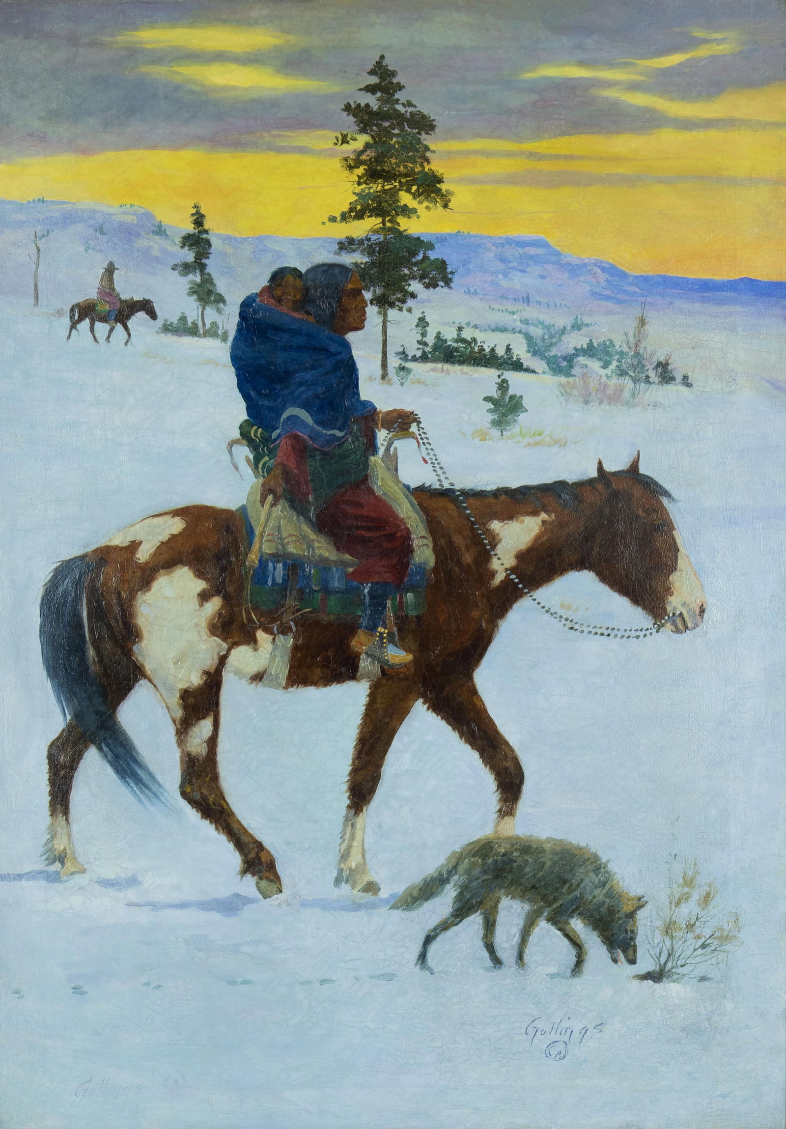 William Gollings, Indian on Horseback (Winter Country): William Gollings 1878-1932 Indian on Horseback (Winter Country) oil on canvas signed lower left: Gollings (artist cipher) signed lower right: Gollings (artist cipher) 34 x 24 in., Frame: 41 1/4 x 31