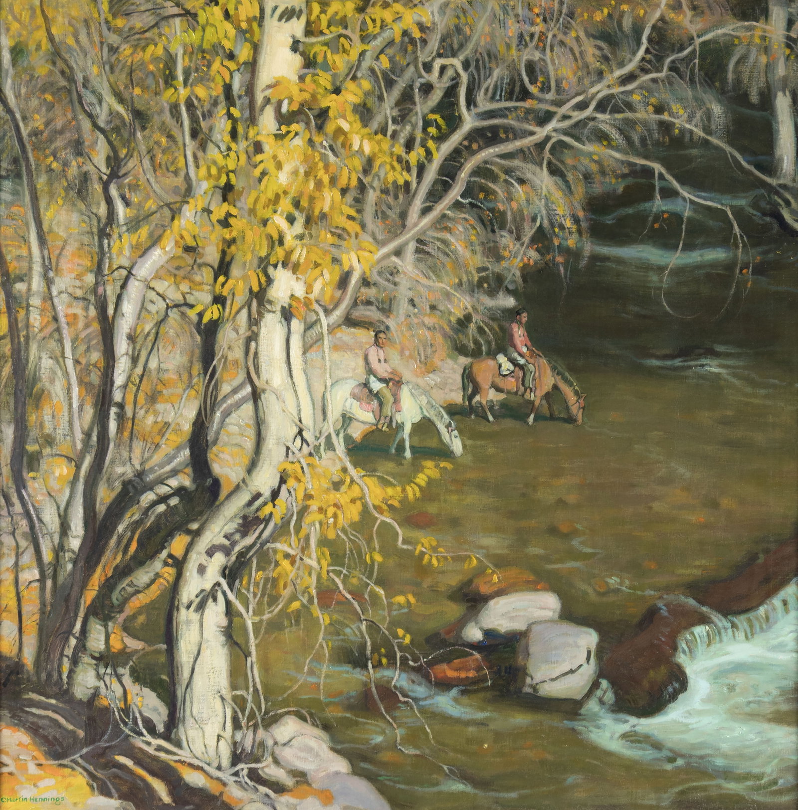 Ernest Martin Hennings, Watering Their Horses, c. 1950: Ernest Martin Hennings 1886-1956 Watering Their Horses, c. 1950 oil on canvas signed lower left: E. Martin Hennings 30 x 30 in., Frame: 35 1/2 x 35 1/2 x 2 1/2 in. Provenance: The Artist La Fonda