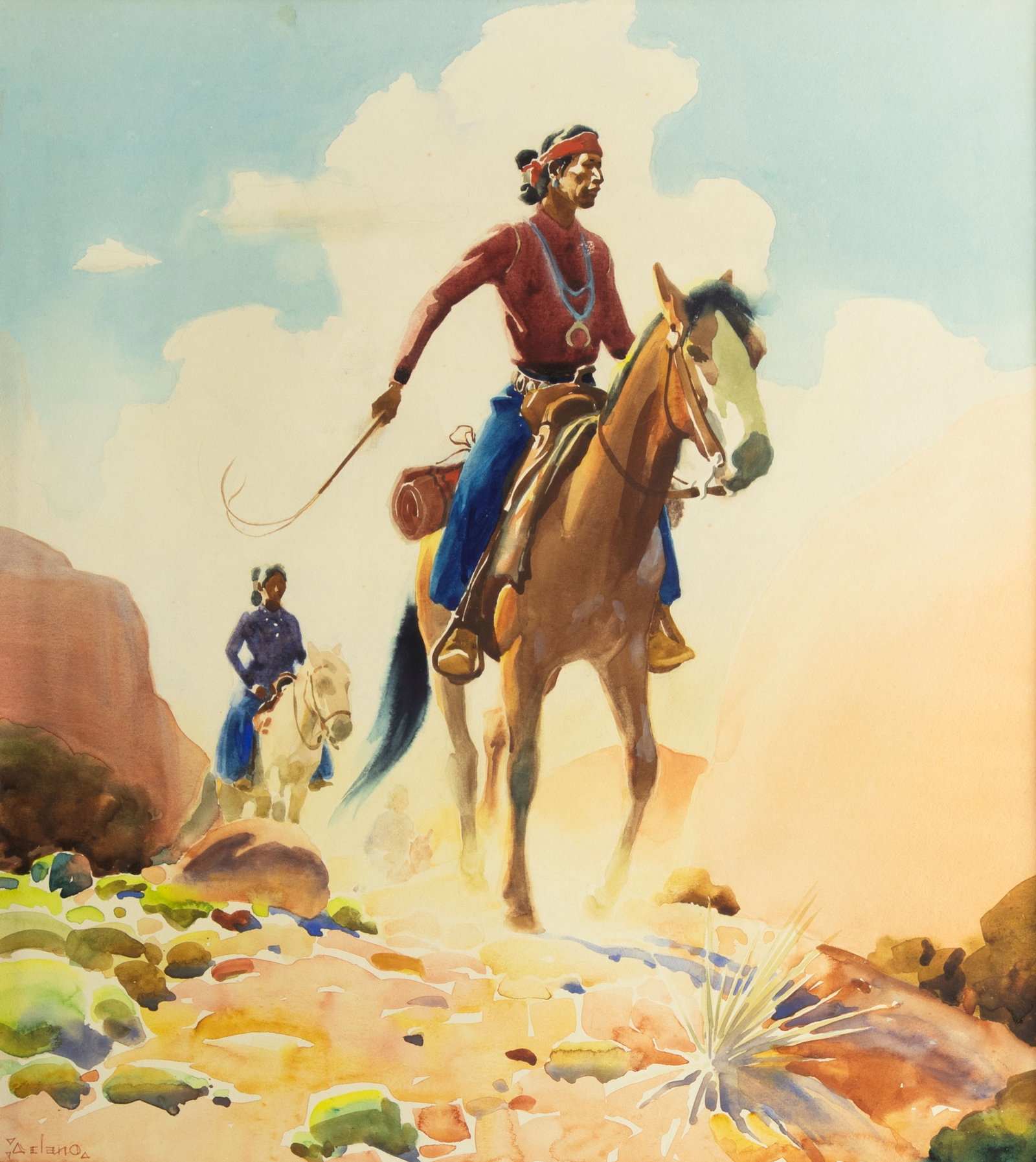 Gerard Curtis Delano, The Riders, 1938: Gerard Curtis Delano 1890-1972 The Riders, 1938 watercolor and pencil on paper signed lower left: (artist cipher) Delano (artist cipher) verso: titled, signed and dated 19 x 17 in.; Frame: 27 x 25 x