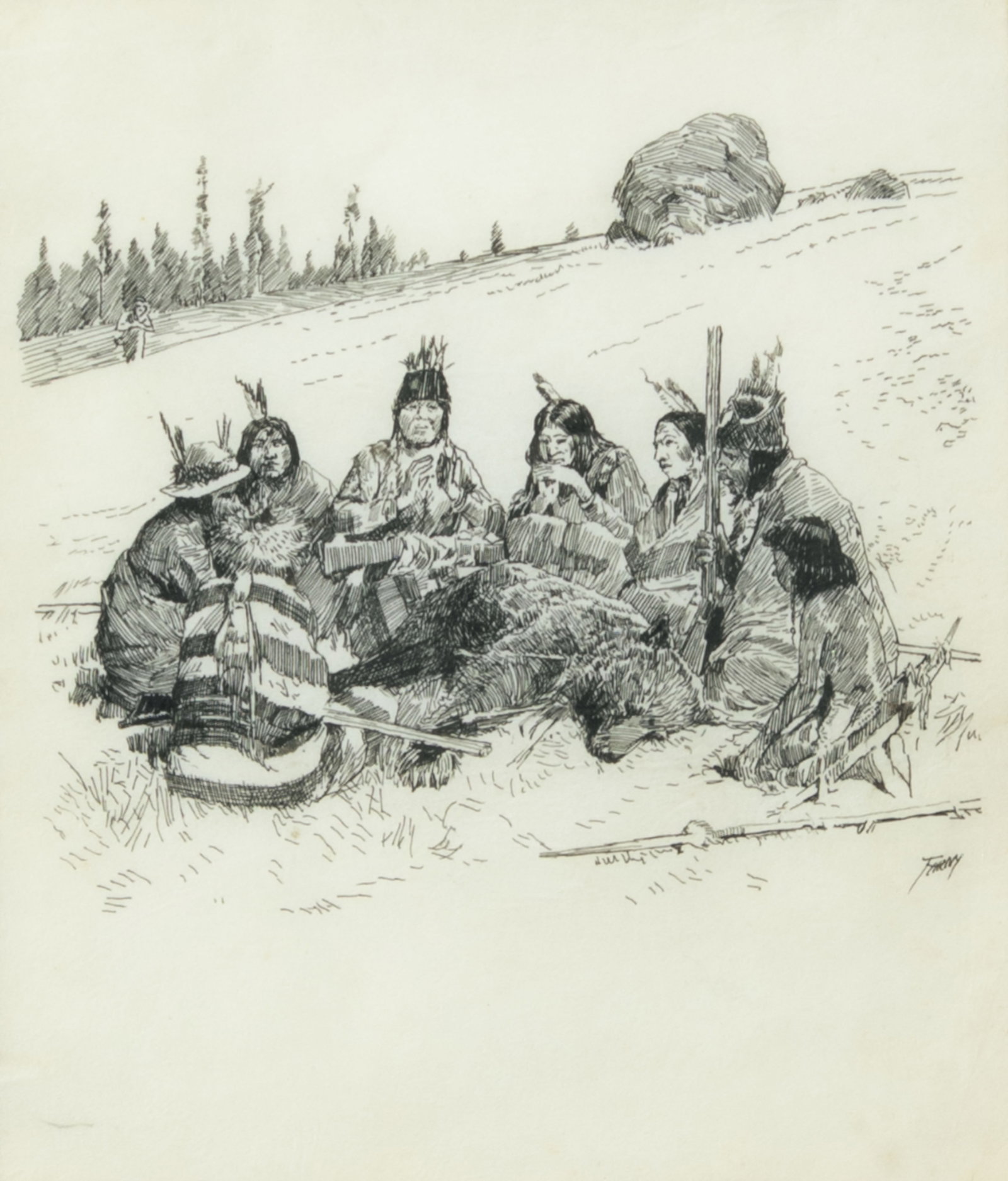 Henry Farny, After the Hunt: Henry Farny 1847-1916 After the Hunt pen and ink on paper signed lower right: Farny 8 x 6 7/8 in., Frame: 16 7/8 x 15 3/4 x 1 3/4 in. Provenance: George Stern Fine Arts, Beverly Hills, CA (label