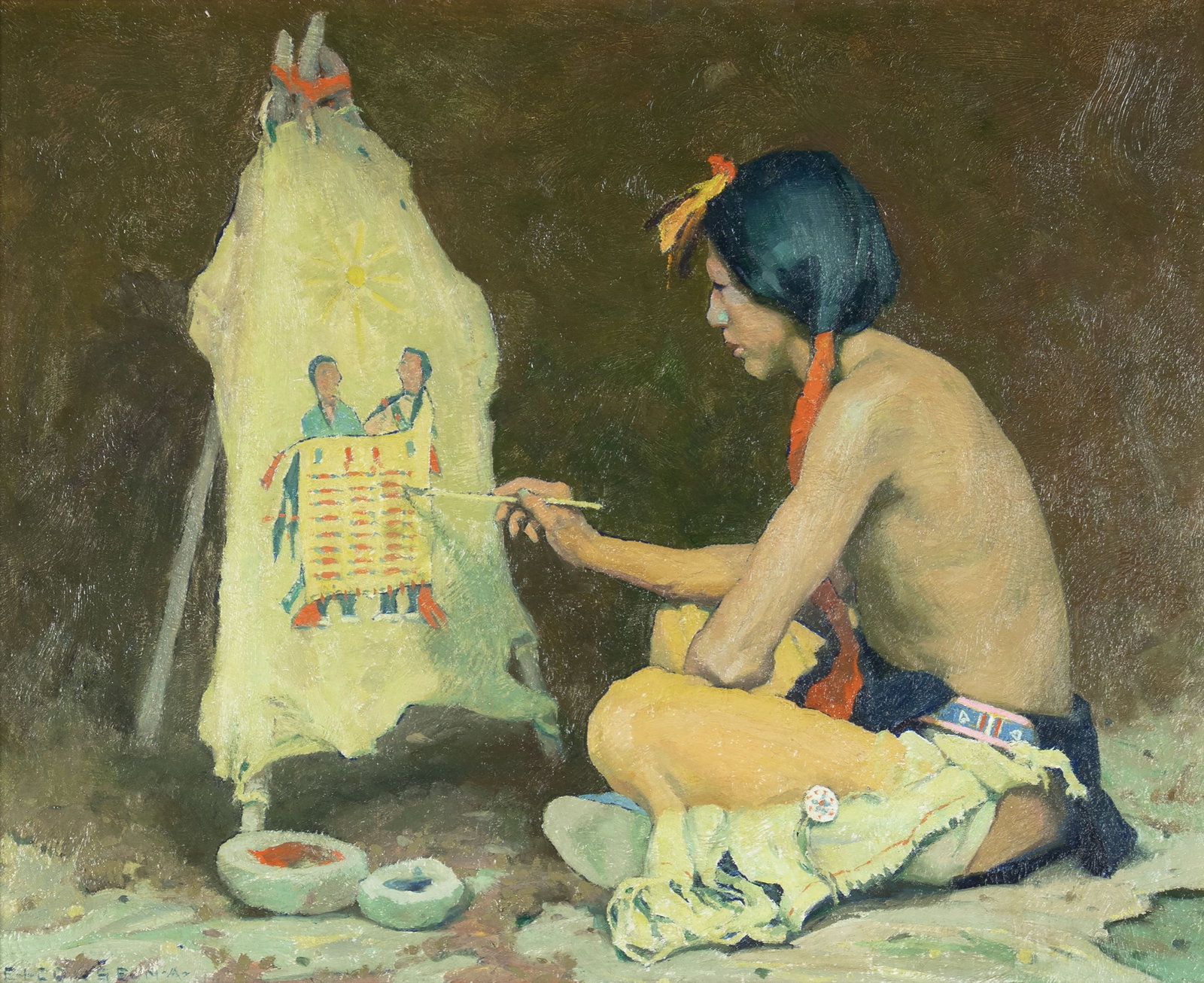 Eanger Irving Couse, The Artist (Painting of the Skin), 1916: Eanger Irving Couse 1866-1936 The Artist (Painting of the Skin), 1916 oil on board signed lower left: E-I-COUSE-NA- 16 x 20 in., Frame: 21 x 25 x 1 3/4 in. Provenance: Blue Door Gallery, Santa F