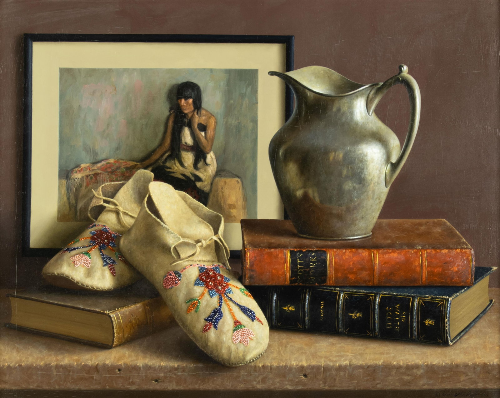 William Acheff, A Moment for Reflection, 1994: William Acheff b.1947 A Moment for Reflection, 1994 oil on canvas signed and dated lower right: © Wm Acheff 1994 verso: signed, dated and titled 16 x 20 in., Frame: 22 3/4 x 26 3/4 x 1 3/4 in.