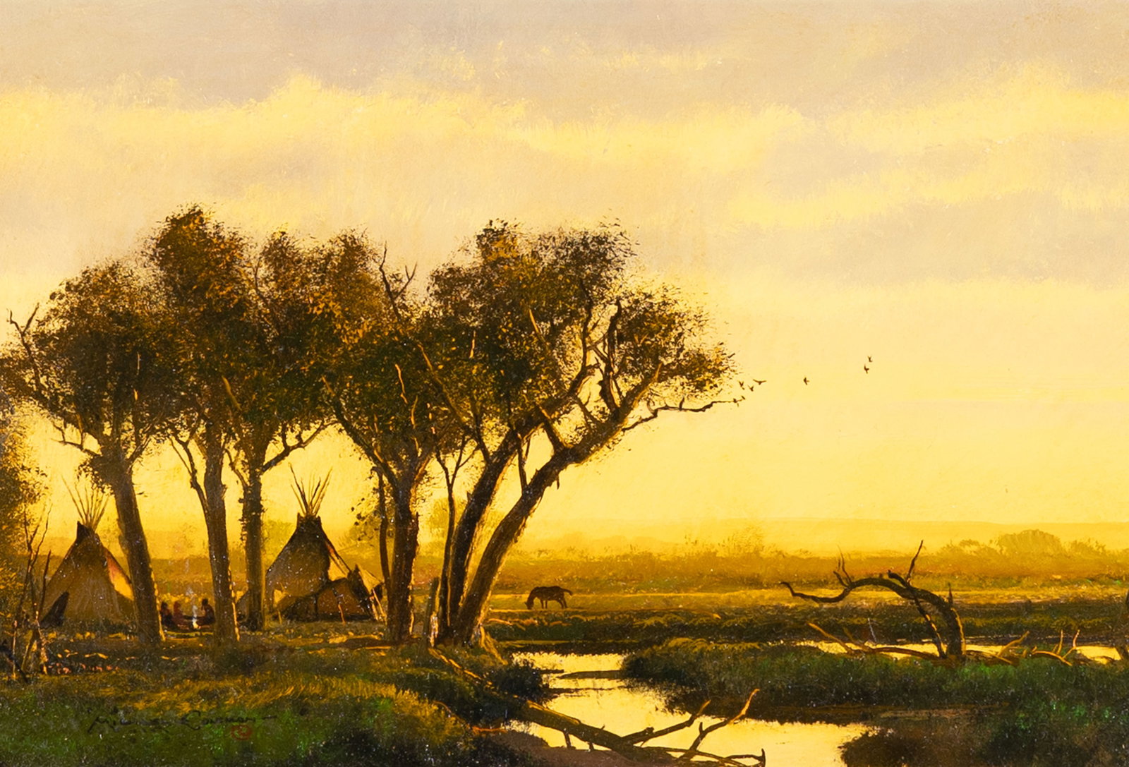 Michael Coleman, Indian Camp at Golden Hour: Michael Coleman b.1946 Indian Camp at Golden Hour oil on panel signed lower left: MICHAEL COLEMAN - © 8 x 12 in.; Frame: 13 1/4 x 17 1/4 x 1 3/8 in. Provenance: From a Private Collection