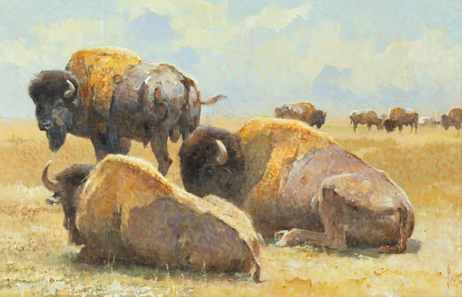 Bob Kuhn, August Afternoon: Bison, 2002: Bob Kuhn 1920-2007 August Afternoon: Bison, 2002 acrylic on board signed lower right: Kuhn verso: signed and dated 18 x 28 in., Frame: 25 1/4 x 35 1/4 x 1 7/8 in. Provenance: From a Private