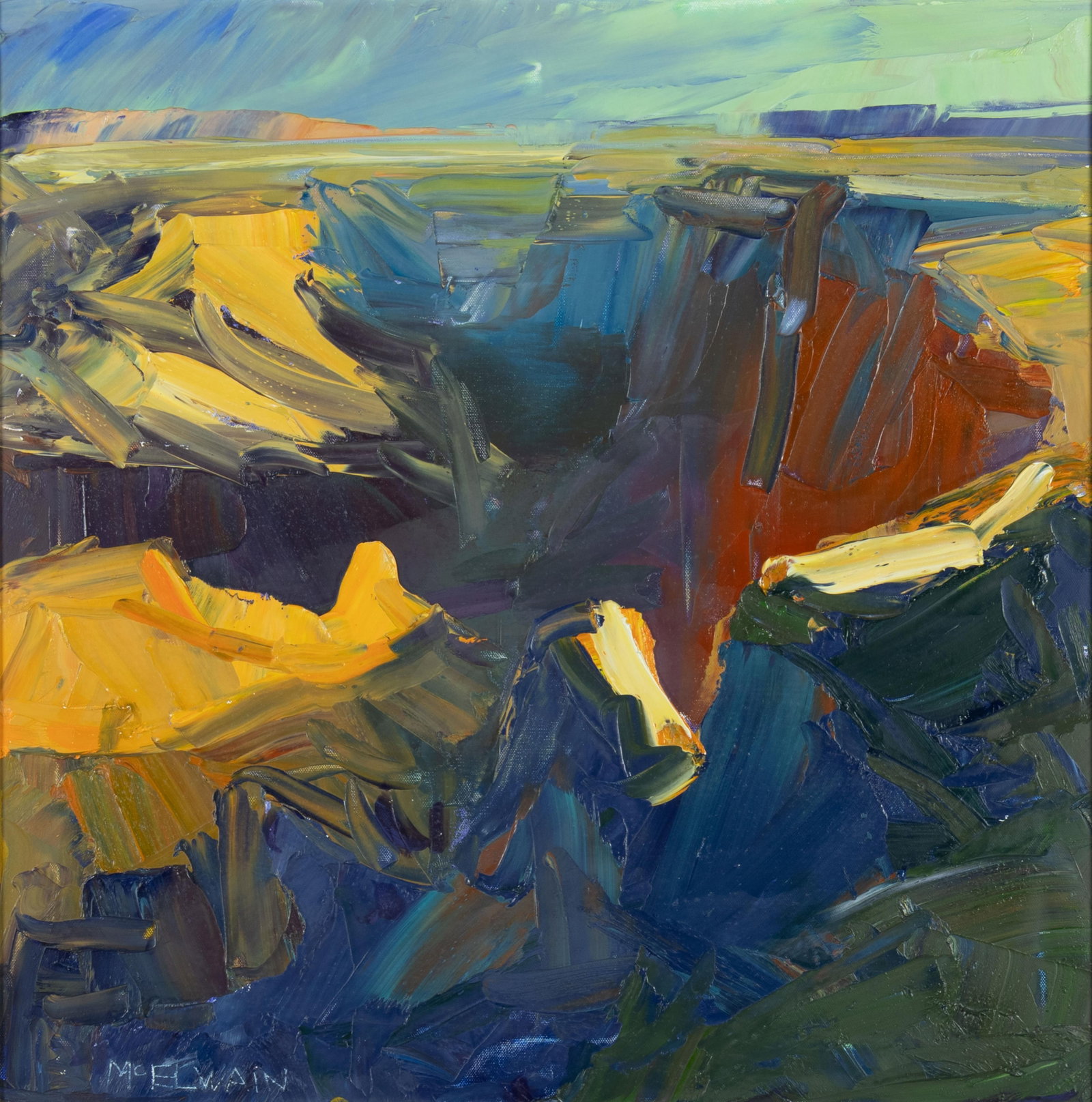 Louisa McElwain, Desert View - Early Morning: Louisa McElwain 1953-2013 Desert View - Early Morning oil on canvas signed lower left: McELWAiN verso: titled and signed 24 x 24 in., Frame: 33 1/2 x 33 1/2 x 1 1/2 in. Provenance: From a Private