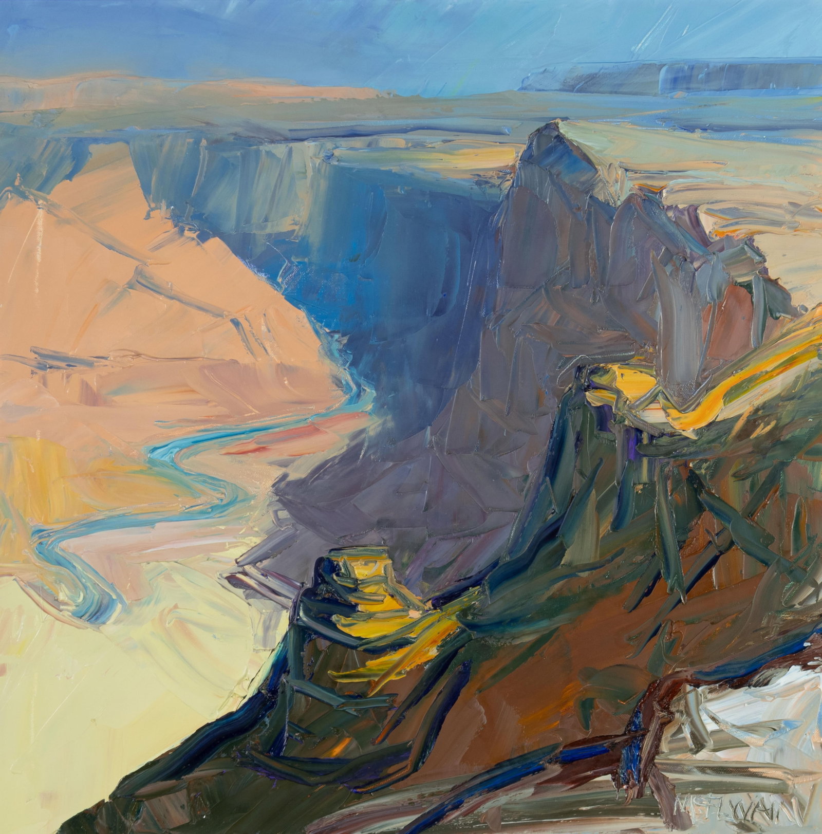 Louisa McElwain, Desert View - Morning: Louisa McElwain 1953-2013 Desert View - Morning oil in canvas signed lower right: McELWAiN verso: titled and signed 24 x 24 in., Frame: 33 1/2 x 33 1/2 x 1 1/2 in. Provenance: From a Private
