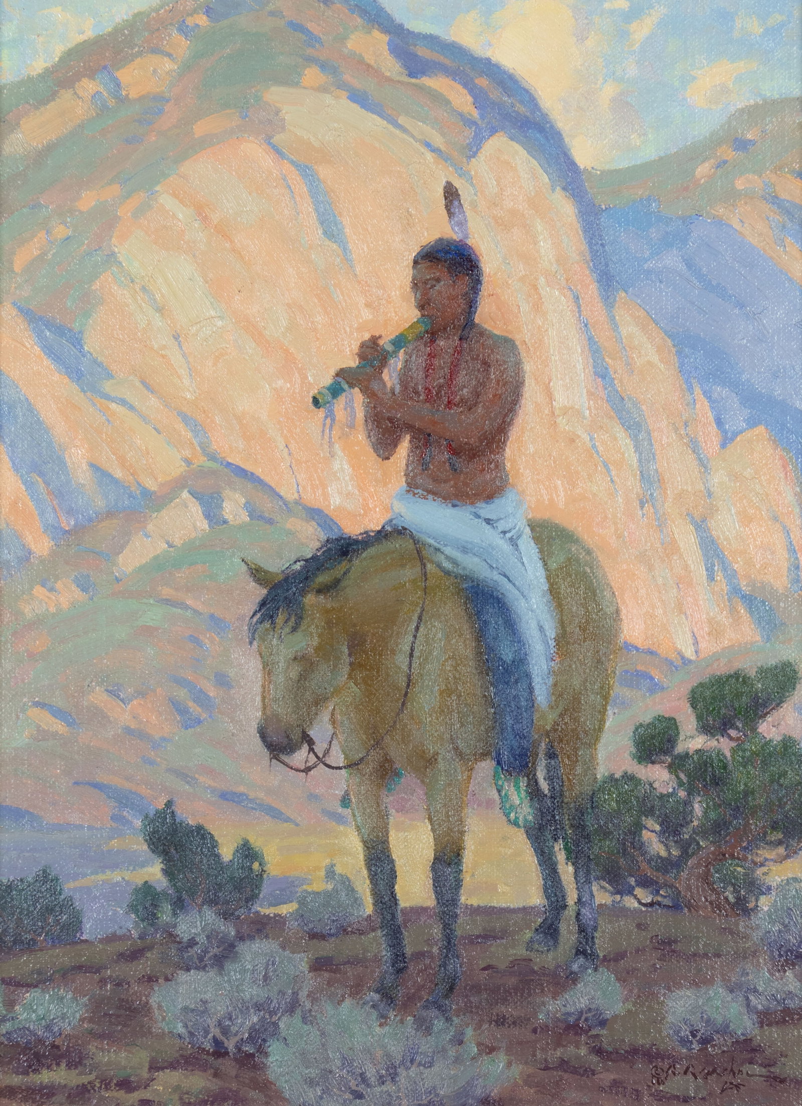 Ron Rencher, A Song to the Setting Sun, 2021: Ron Rencher b.1952 A Song to the Setting Sun, 2021 oil on linen mounted on board signed lower right: © R. Rencher (artist cipher) verso: titled, dated and signed 12 x 9 in., Frame: 14 5/8 x 11
