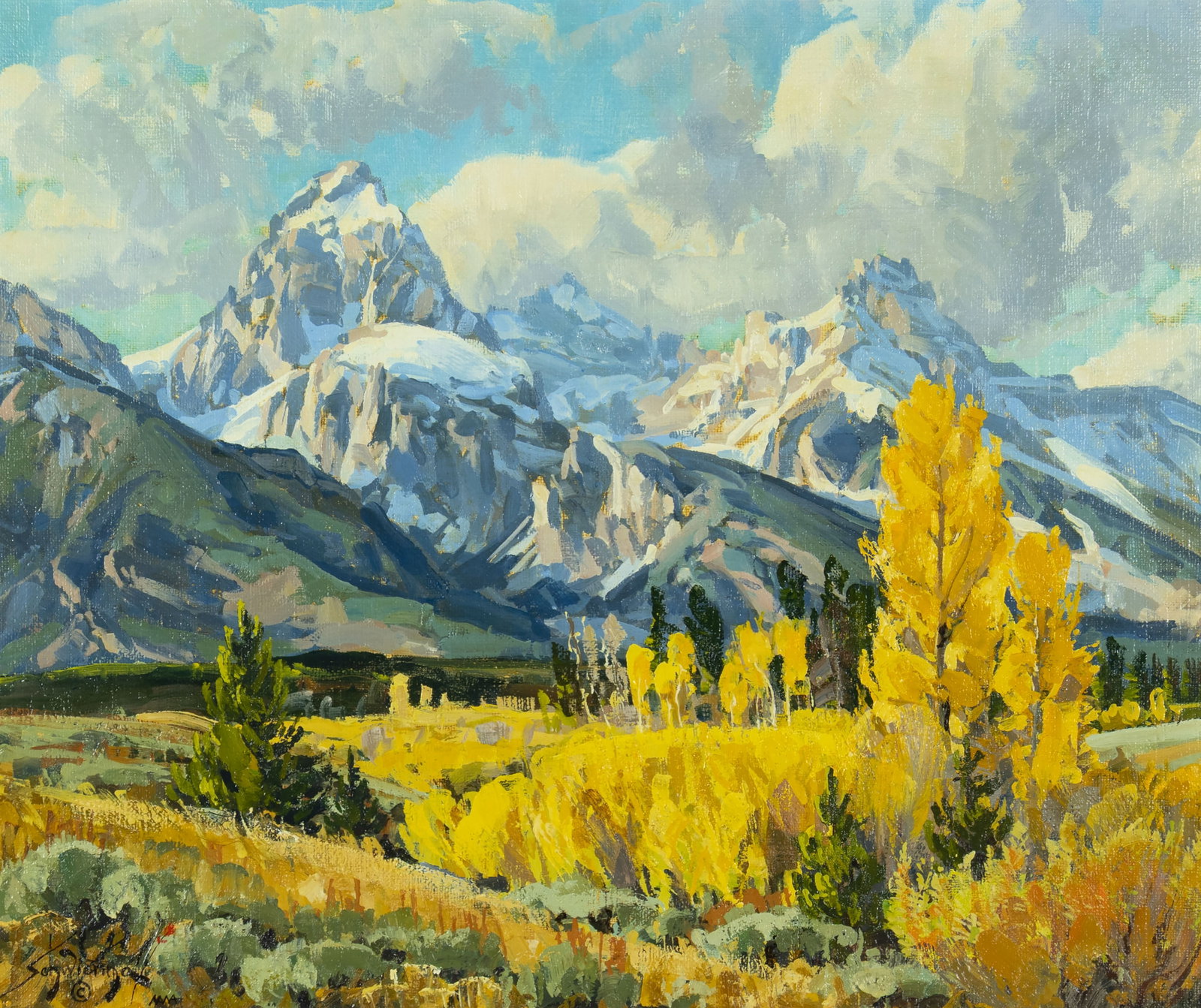 Conrad Schwiering, Teton Majesty in Autumn: Conrad Schwiering 1916-1986 Teton Majesty in Autumn oil on board signed lower left Schweiring (artist cipher) © 25 x 30 in., Frame: 34 1/4 x 39 1/4 x 2 3/4 in. Provenance: From a Private