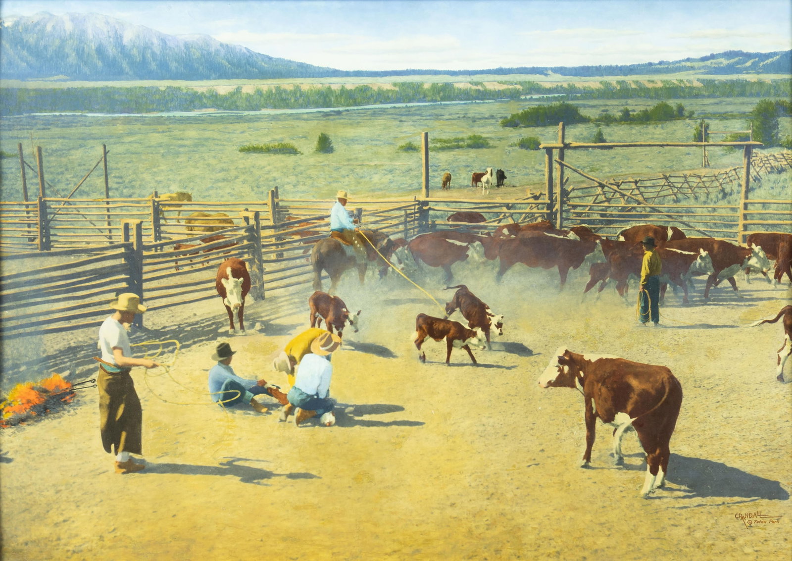 Harrison Crandall, Branding Calves - Turner Ranch: Harrison Crandall 1887-1970 Branding Calves - Turner Ranch hand-colored photograph on paper signed and inscribed lower right: CRANDALL © Teton Park verso: titled and signed 27 x 39 in., Frame: