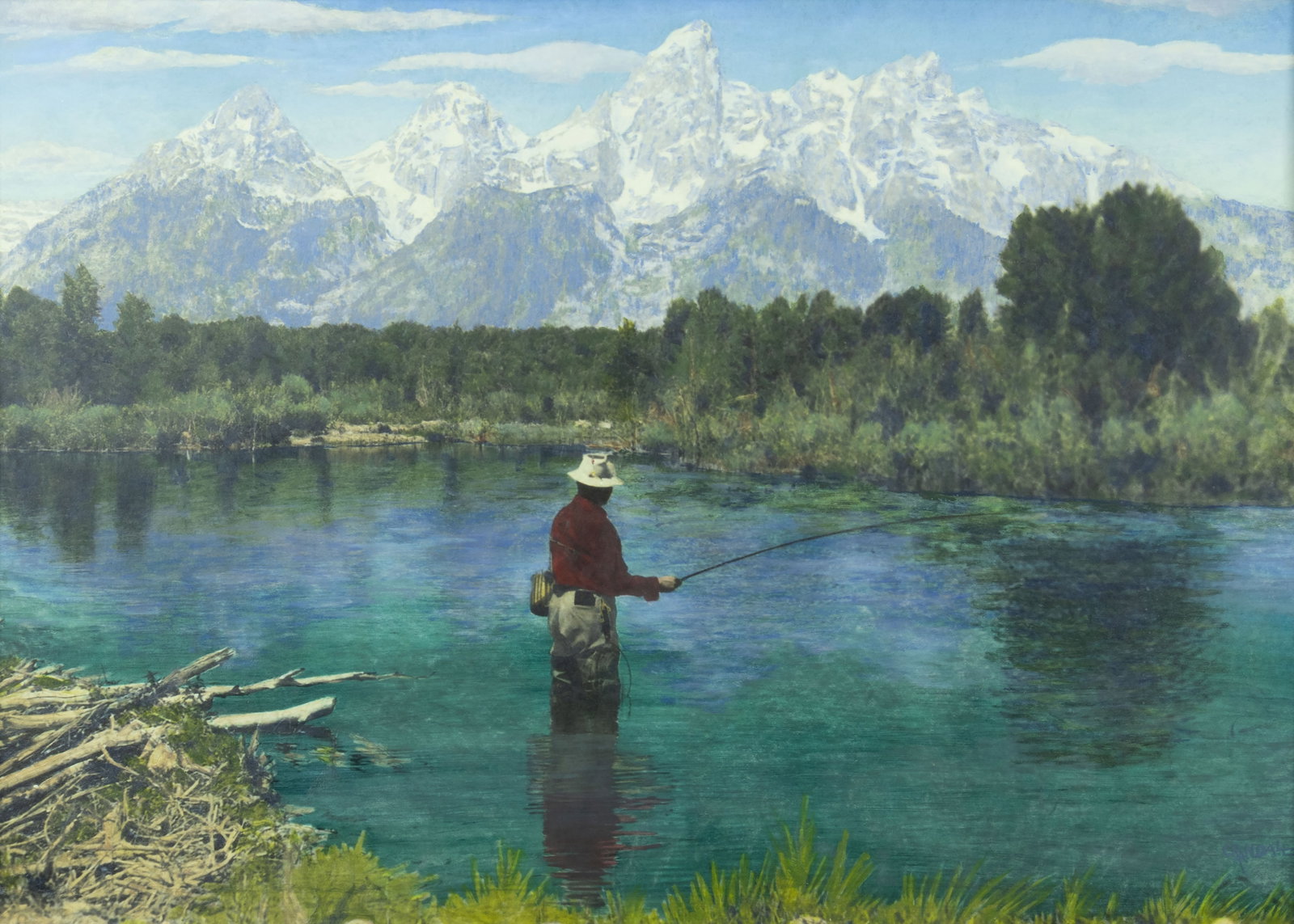 Harrison Crandall, Fishing in Grand Teton National Park: Harrison Crandall 1887-1970 Fishing in Grand Teton National Park hand-colored photograph on paper signed lower right: CRANDALL 19 x 27 in., Frame: 25 1/8 x 33 1/8 x 1 1/2 in. Provenance: Private