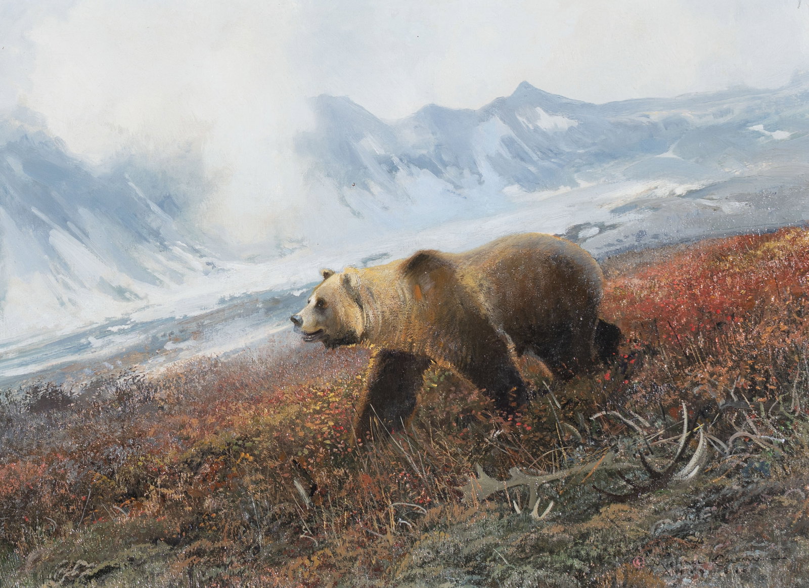 Michael Coleman, Across the Tundra, 1986: Michael Coleman b.1946 Across the Tundra, 1986 oil on panel signed and dated lower right: MICHAEL COLEMAN - © 1.9.8.6 verso: titled and dated 14 x 20 in.; Frame: 20 1/4 x 26 1/4 x 2 5/8 Pro