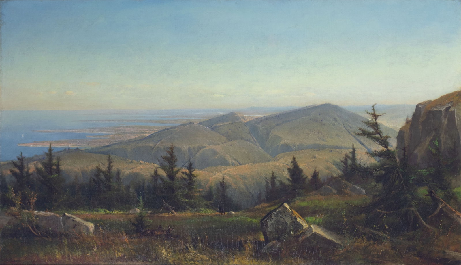 Gilbert Davis Munger, Glimpse of the Pacific from Mount Tamalpais, c. 1870: Gilbert Davis Munger 1837-1903 Glimpse of the Pacific from Mount Tamalpais, c. 1870 oil on canvas unsigned Catalogue Raisonné: #270, as Mount Tamalpais with a View of San Francisco Bay 24 x 42