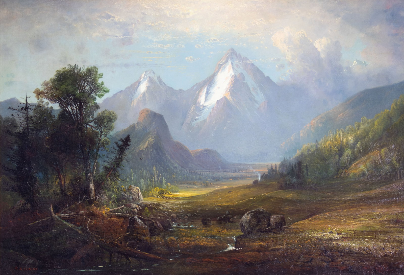 Henry Arthur Elkins, Colorado Mountain Scene: Henry Arthur Elkins 1847-1884 Colorado Mountain Scene oil on canvas signed lower left: H. A. Elkins 36 x 54 in., Frame: 44 1/8 x 61 1/8 x 4 in. Provenance: Kennedy Galleries Inc., New York, NY (label