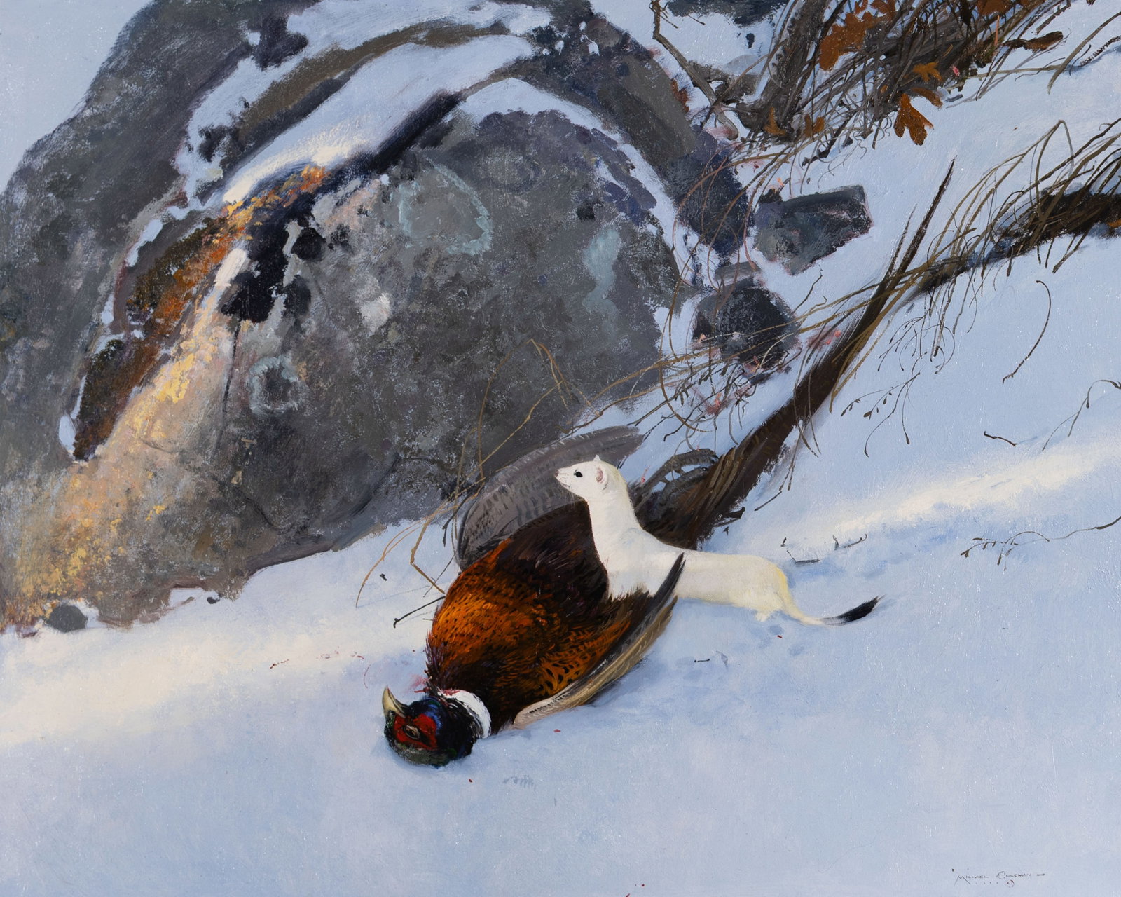 Michael Coleman, Ermine and Pheasant: Michael Coleman b.1946 Ermine and Pheasant oil on panel signed lower right: MICHAEL COLEMAN - © 24 x 30 in.; Frame: 33 7/8 x 40 x 4 1/2 in. Provenance: From a Private Collection