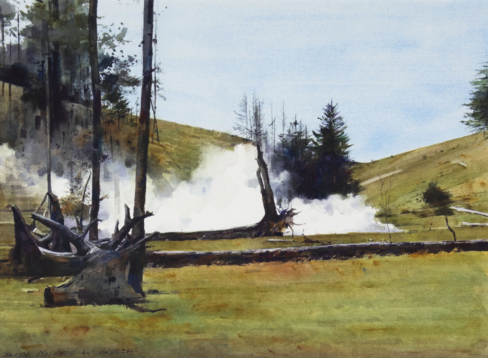 Dean Mitchell, Yellowstone Steam, 2026: Dean Mitchell b.1957 Yellowstone Steam, 2026 watercolor on paper signed and dated lower left: DEAN MITCHELL AWS, NWS © 2026 verso: titled 22 x 30 in., With Frame: 31 7/8 x 39 7/8 x 2 1/4 in.